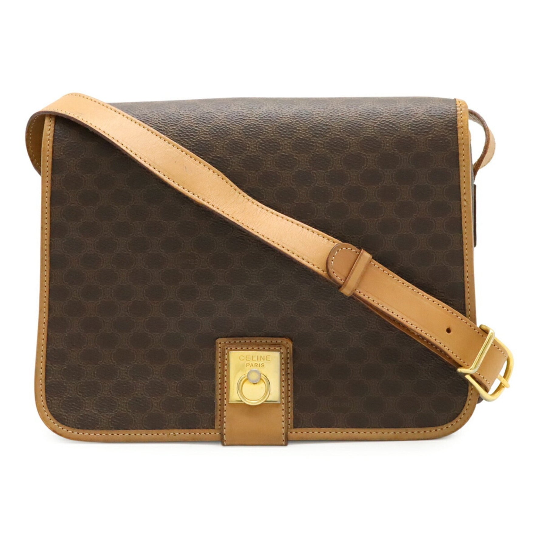 CELINE Macadam shoulder bag, pochette, flap, PVC, leather, dark brown, beige