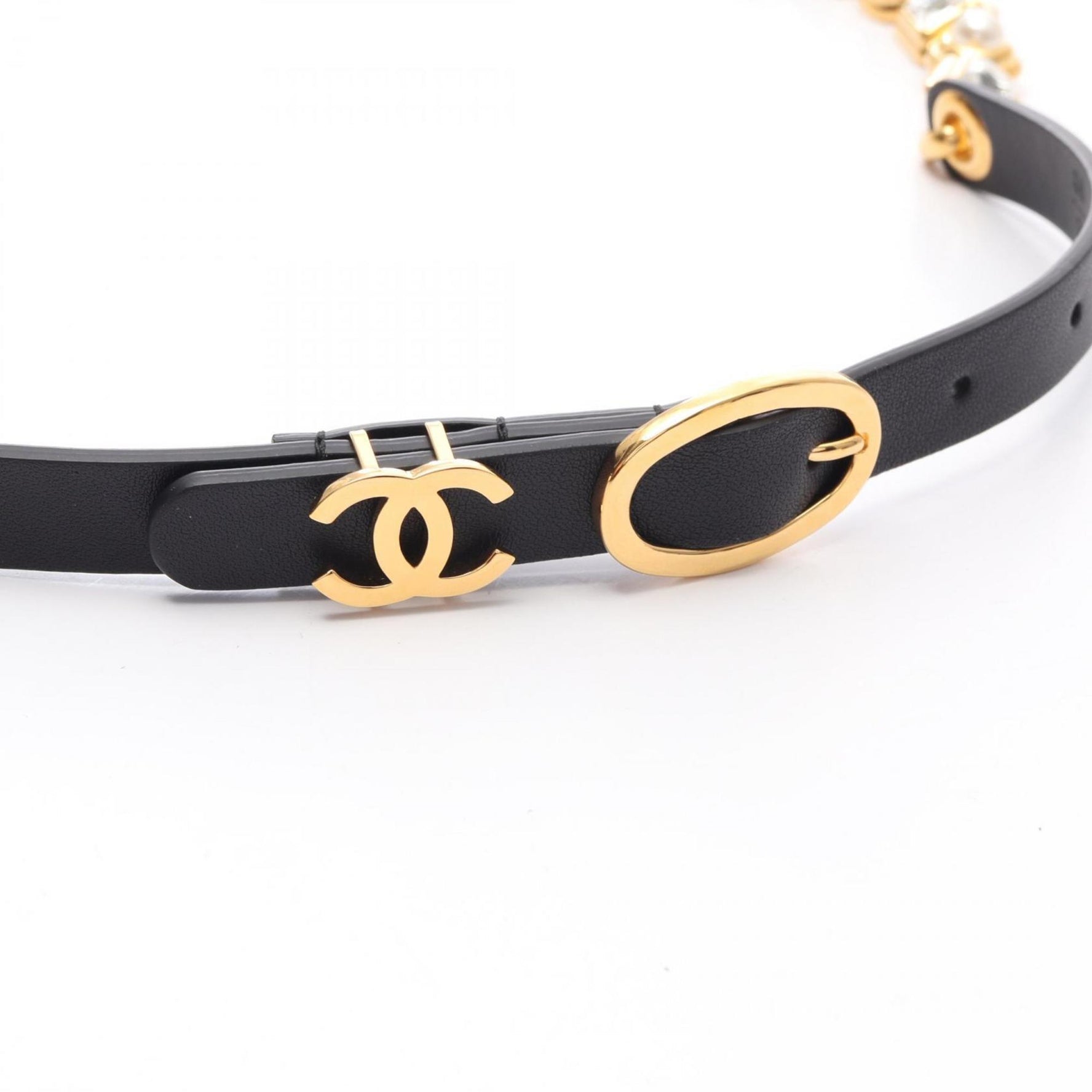 CHANEL Coco Mark Leather Belt with GP Crystal and Faux Pearl, Gold