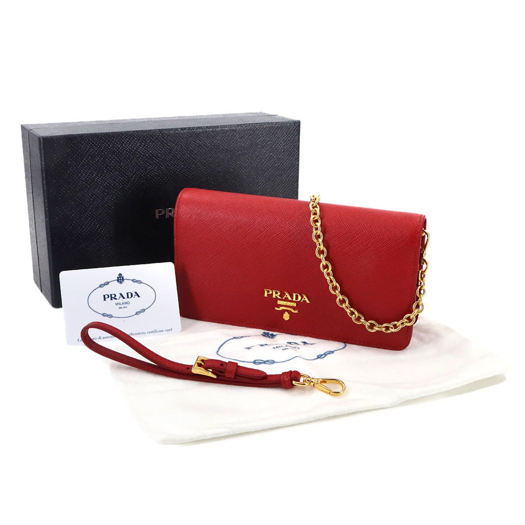 Prada Saffiano Chain Wallet, Long Leather, Fuoco, Red, Gold Hardware