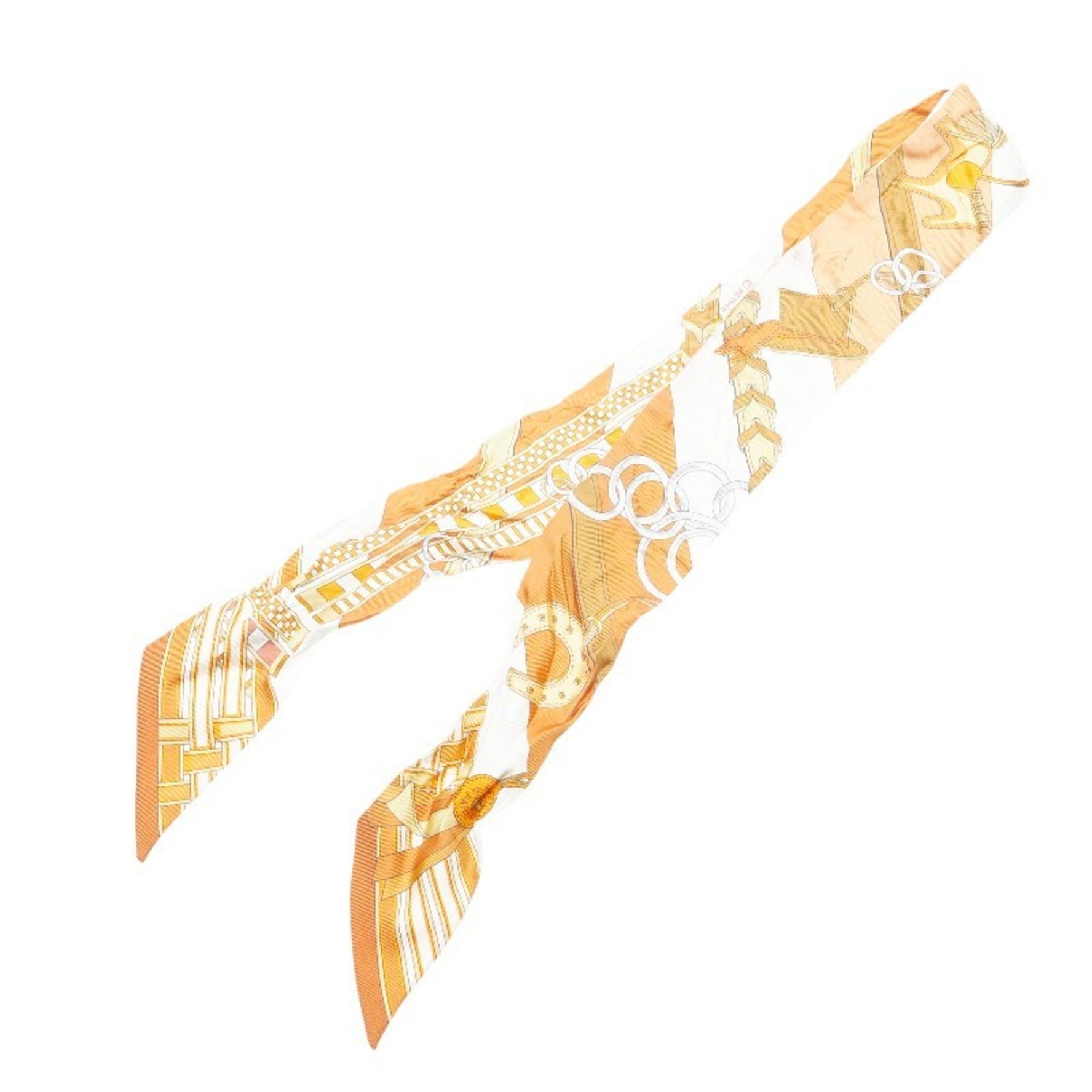 Hermes Twilly BRIDES ET GRIS Bridle and Charm Scarf Muffler Caramel White Bronze Silk