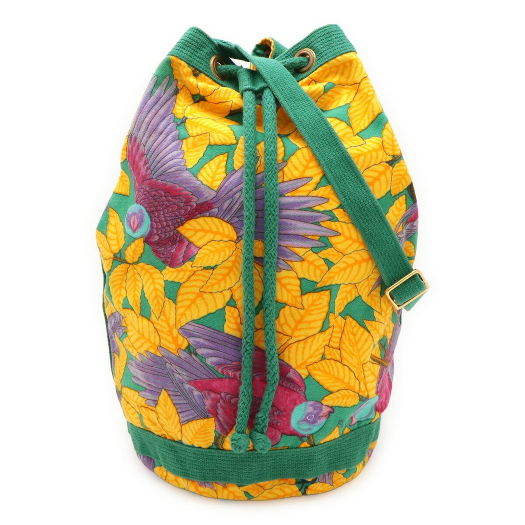 HERMES shoulder bag with botanical bird print in green, yellow, and multicolor.