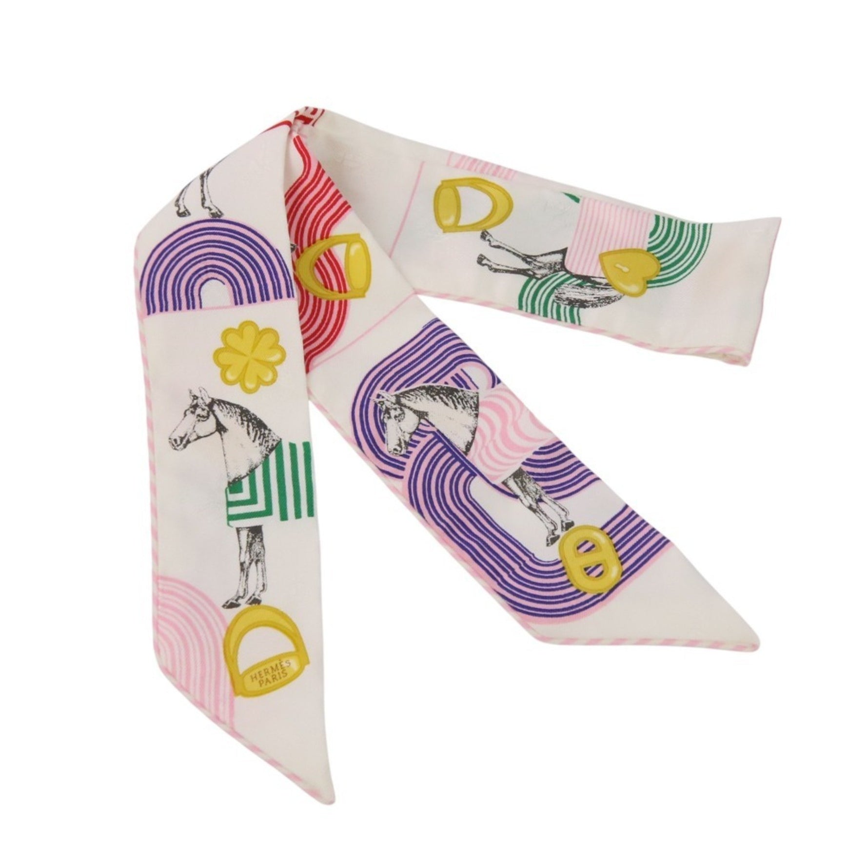 HERMES Twilly Garde Robe Pop Silk Scarf/Muffler in White and Multicolor