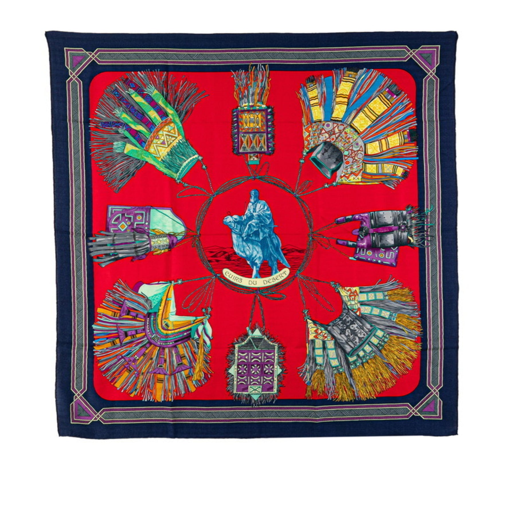 Hermes Carre 90 CUIRS DU DESERT Desert leather scarf muffler red multicolor silk