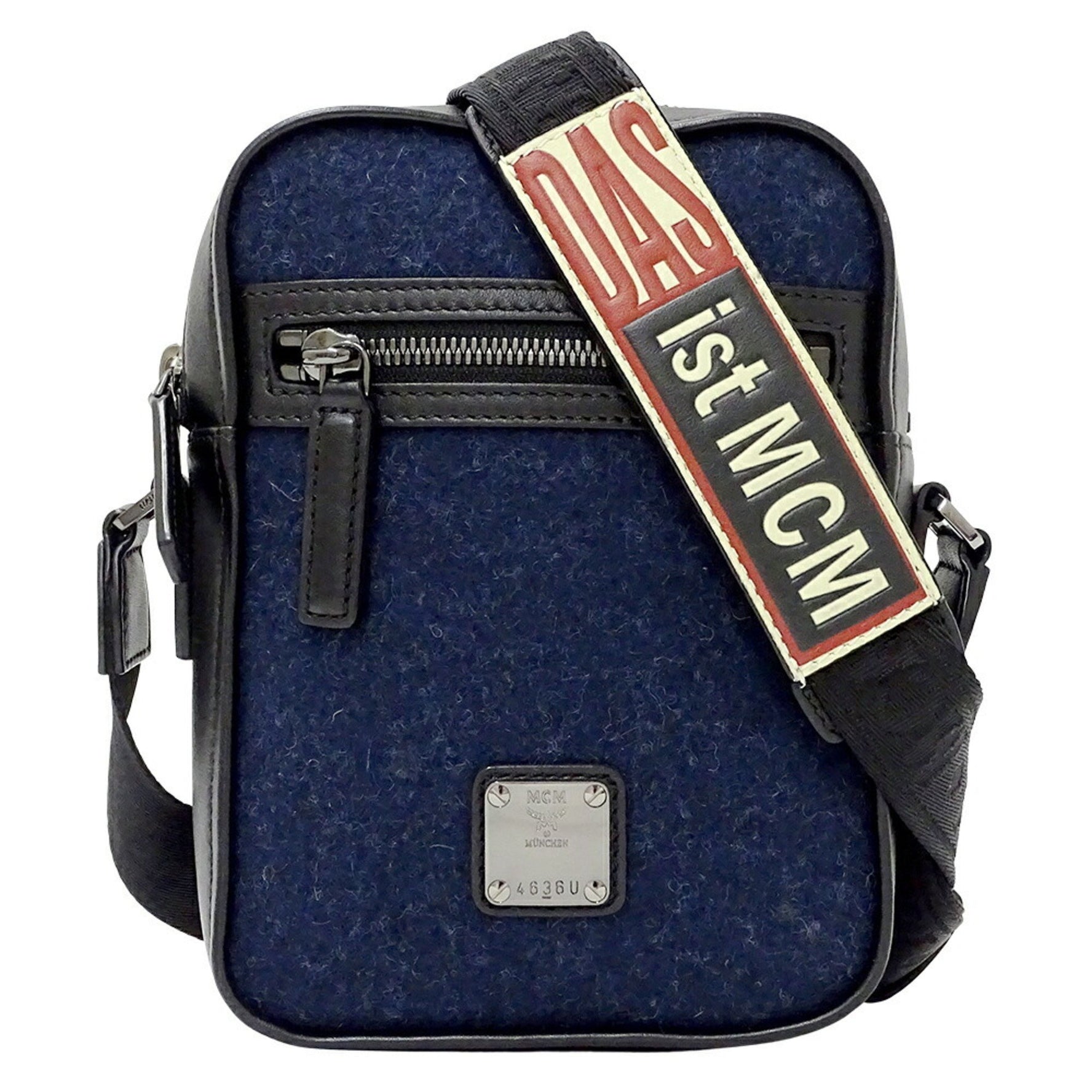 MCM Shoulder Bag Wool Leather Navy Black