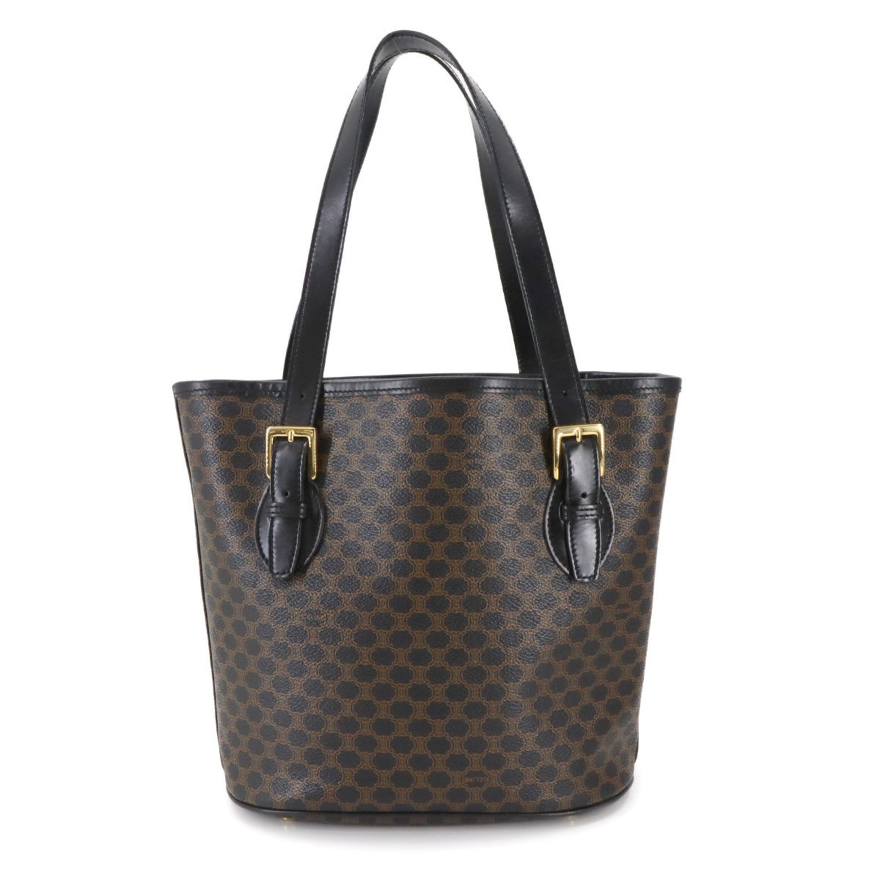 Celine Macadam Leather Tote Bag in Black, Brown, and Gold Hardware