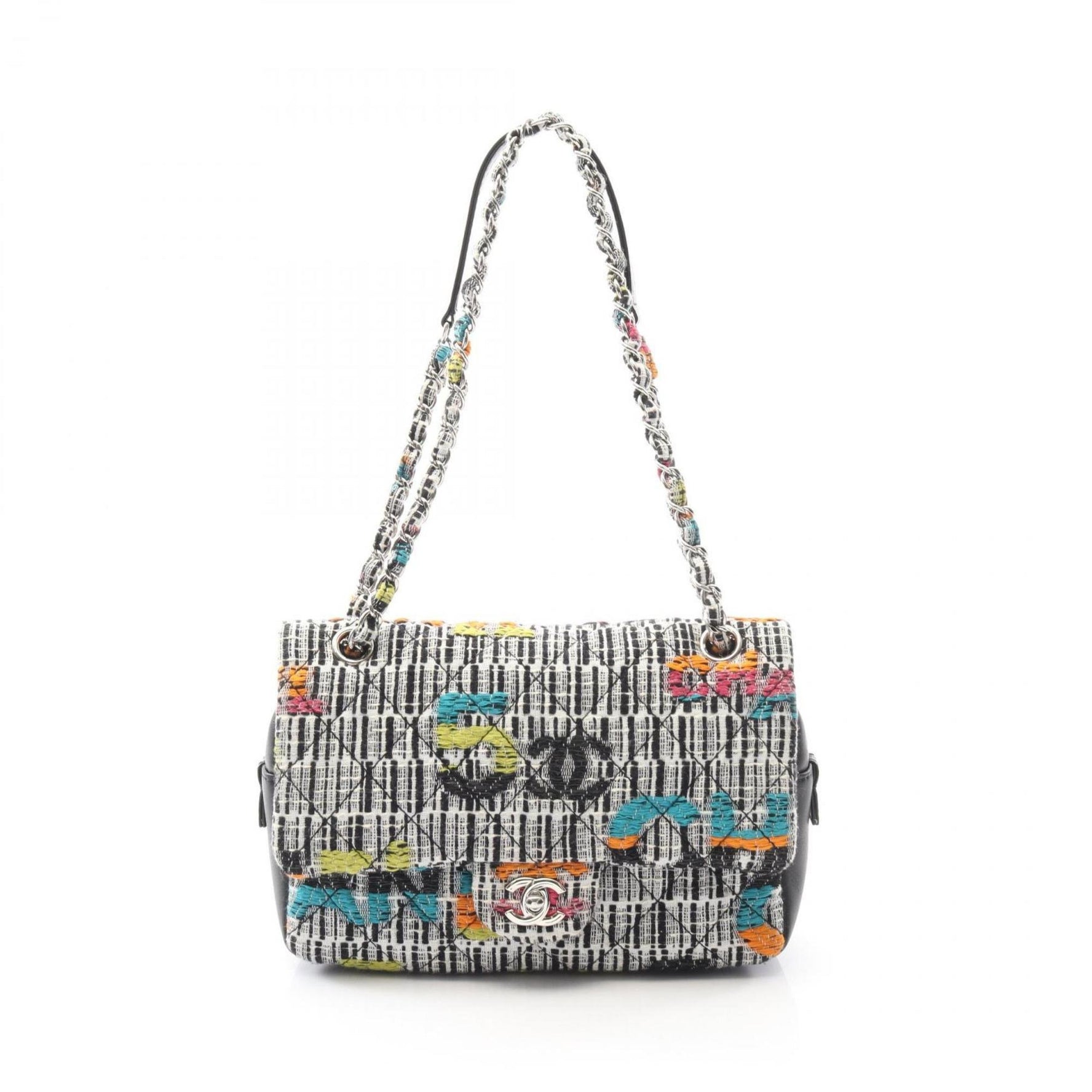 CHANEL Matelasse Shoulder Bag, Fabric and Leather, White, Black, Multicolor