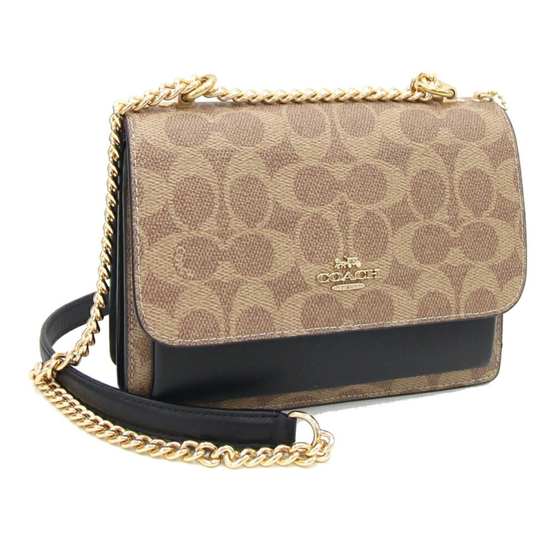 Coach Shoulder Bag Signature Mini Crossbody Beige Black PVC Leather Chain