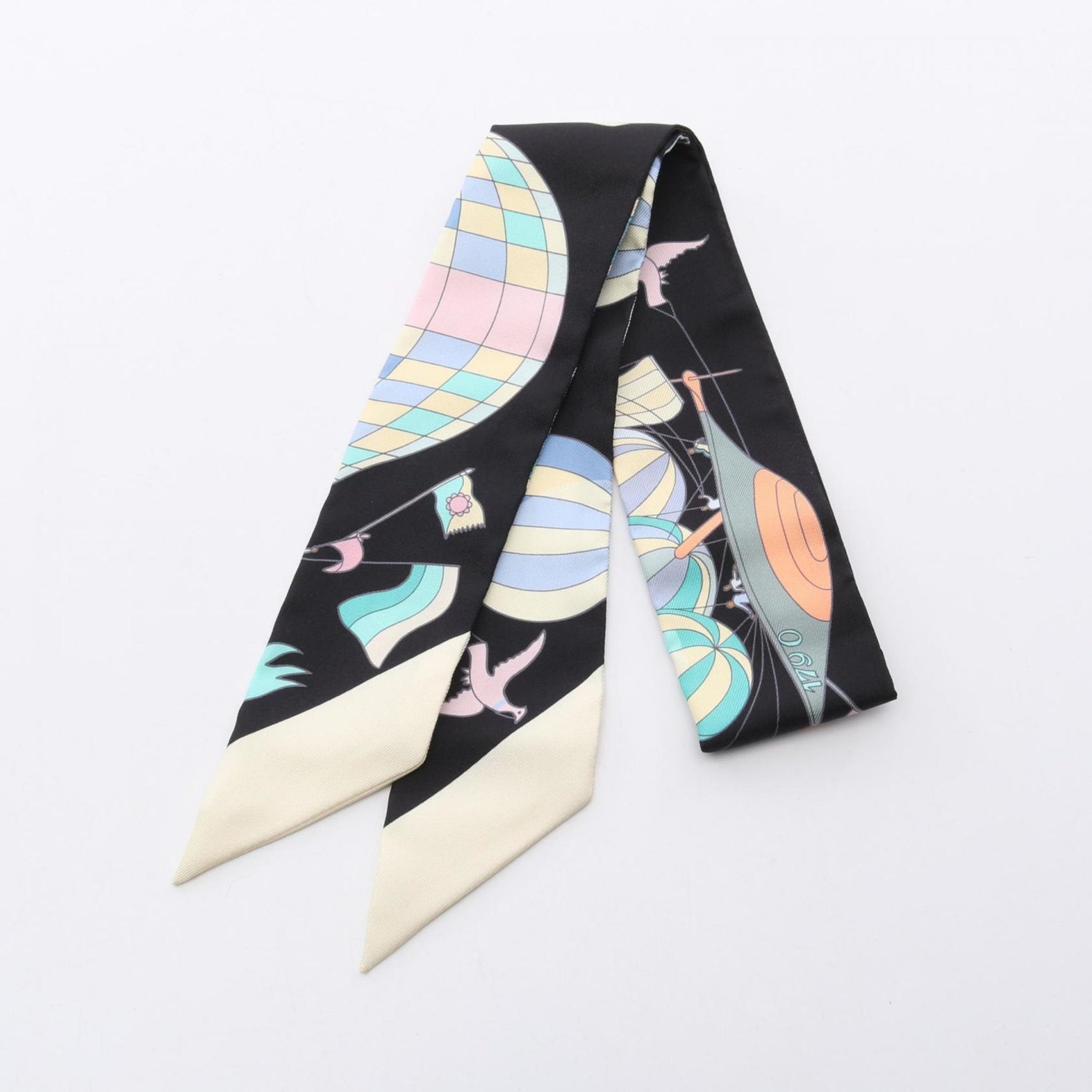 Hermes Twilly LES FOLIES DU CIEL Silk Scarf Black Multicolor