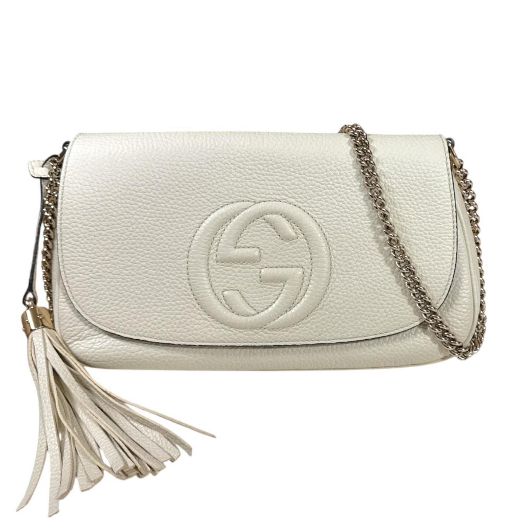 Gucci Soho Shoulder Bag, Leather, White, with Chain and Tassel