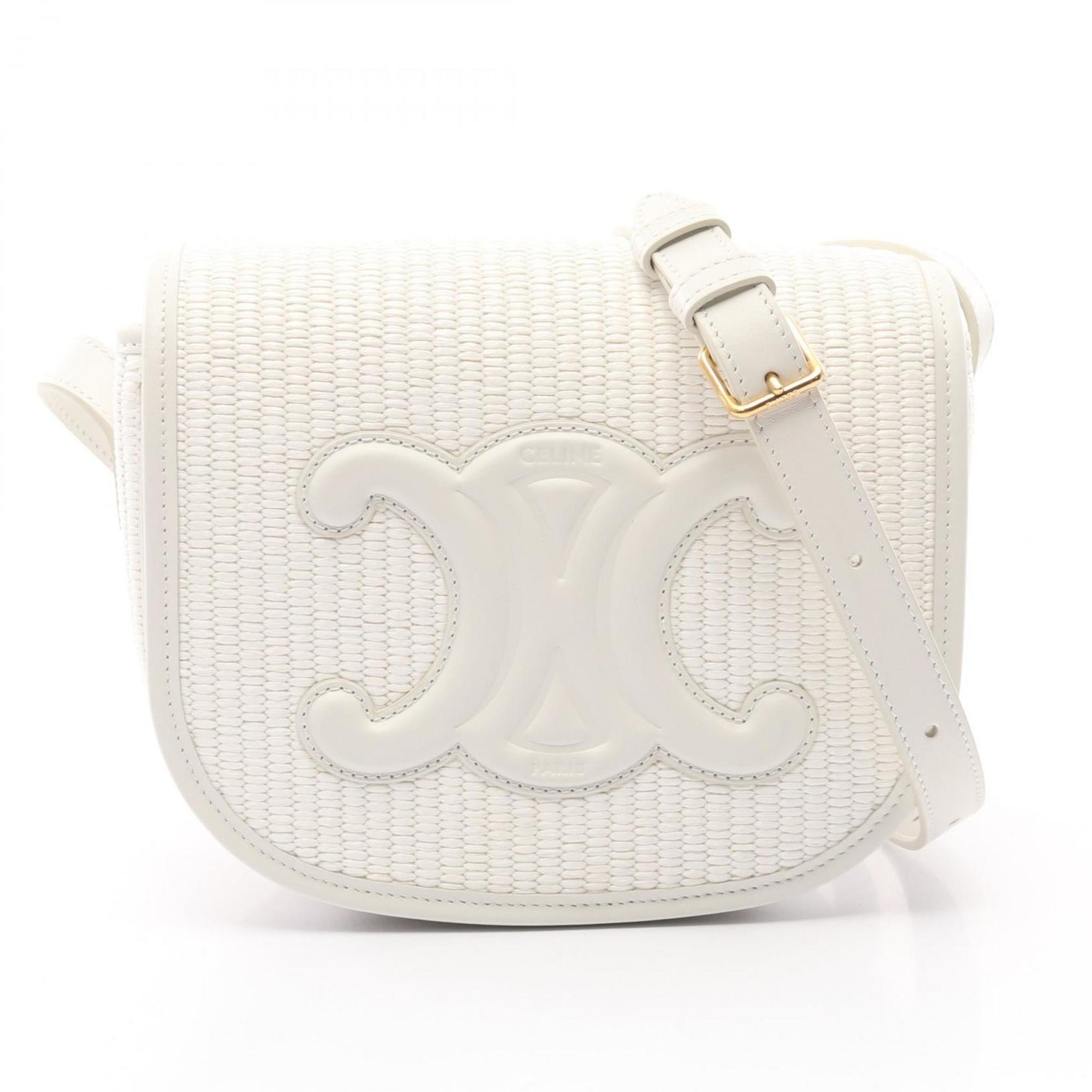 CELINE Folco Cuir Triomphe Shoulder Bag Leather Straw