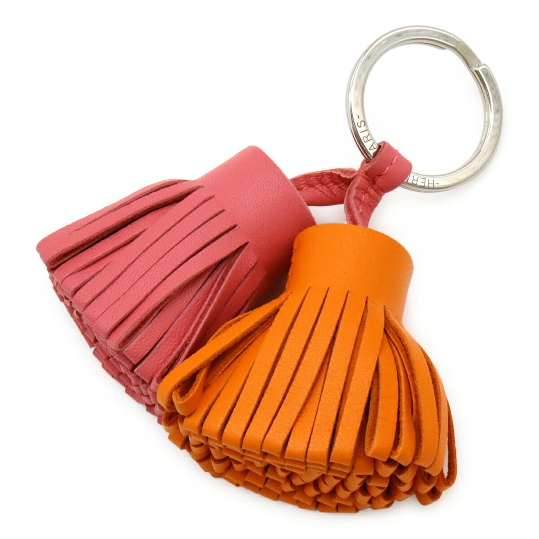 HERMES Carmen Unodos Key Ring Keychain Tassel Charm Annu Milo Leather Orange Pink