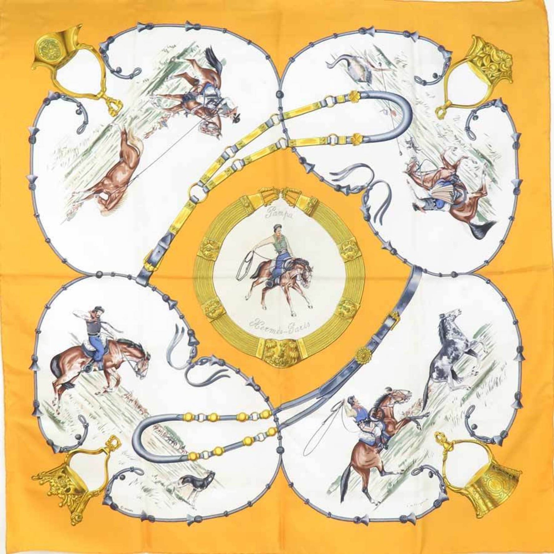Hermes Scarf/Muffler Carre 90 Silk Yellow Multicolor