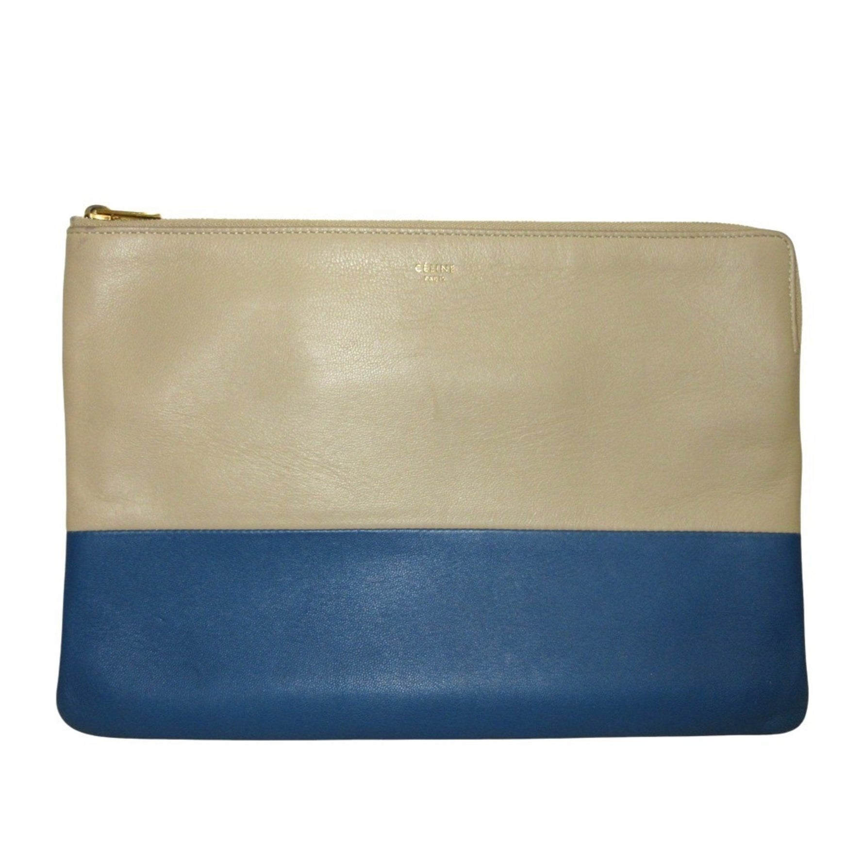 CELINE Solo Two-Tone Leather Clutch Bag in Beige and Blue