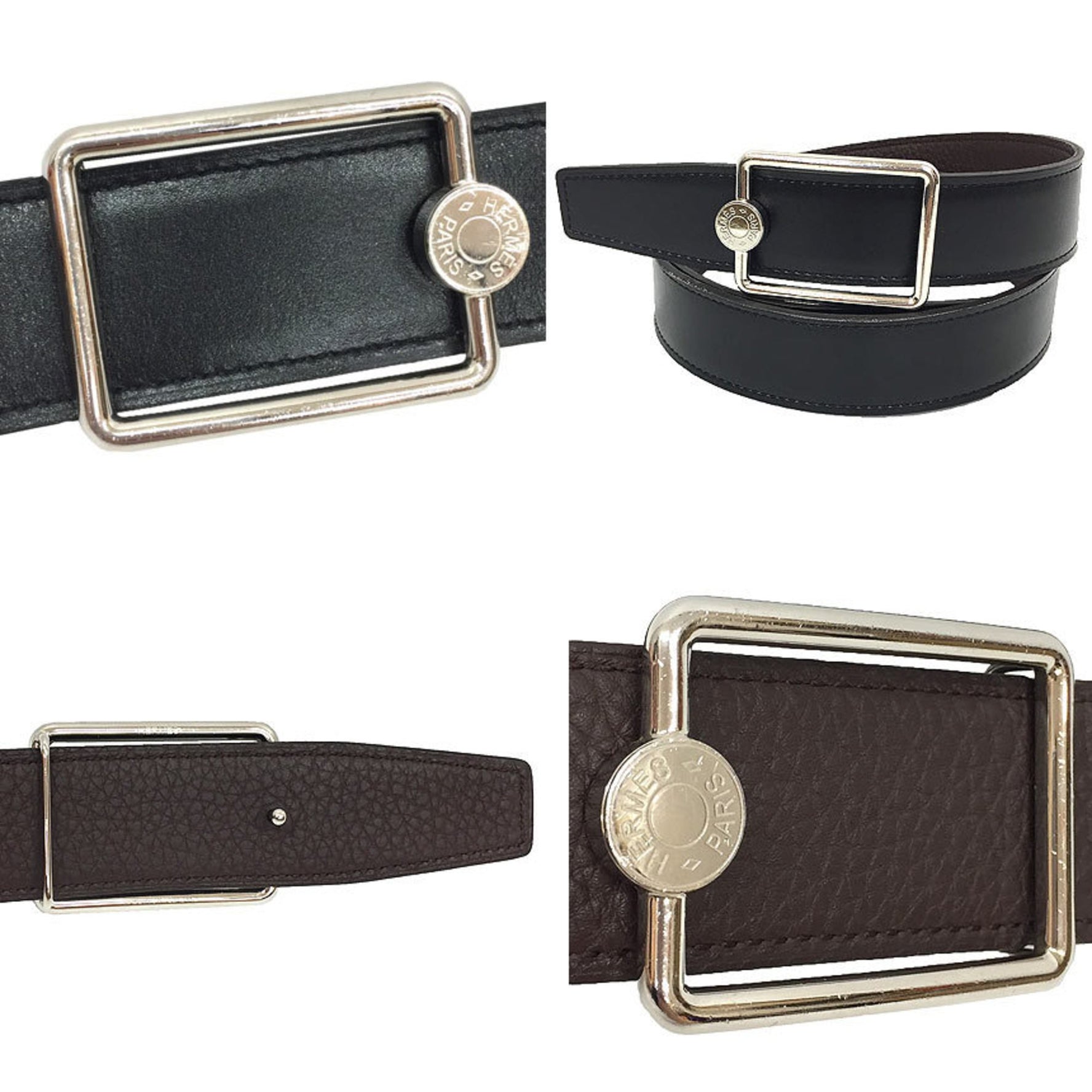 Hermes Hermès Oscar Serie Belt, size 80, A-stamped, reversible leather, black and dark brown box calf leather with Togo, buttons, silver buckle