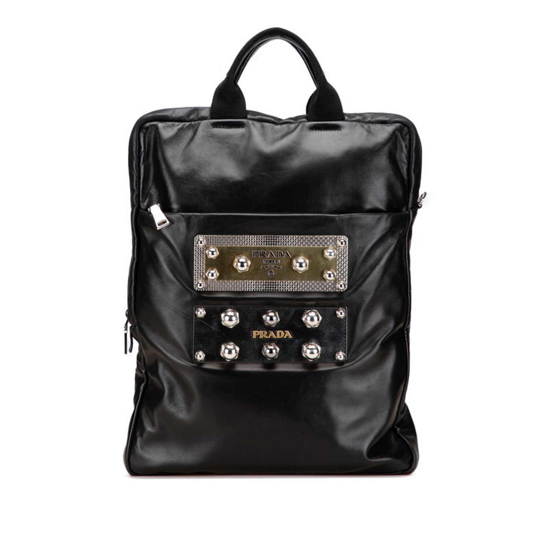 Prada Triangle Logo Plate Metal Stud Handbag Tote Bag Leather