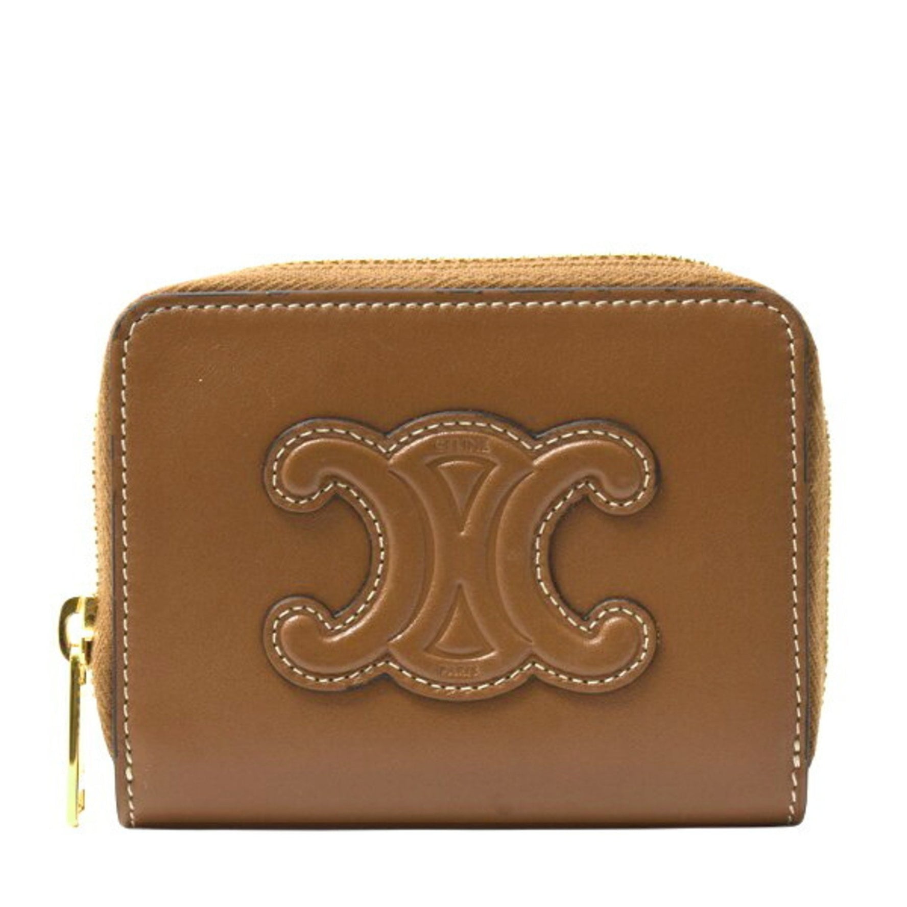 Celine Cuir Triomphe Compact Zip Coin Case in Tan Leather