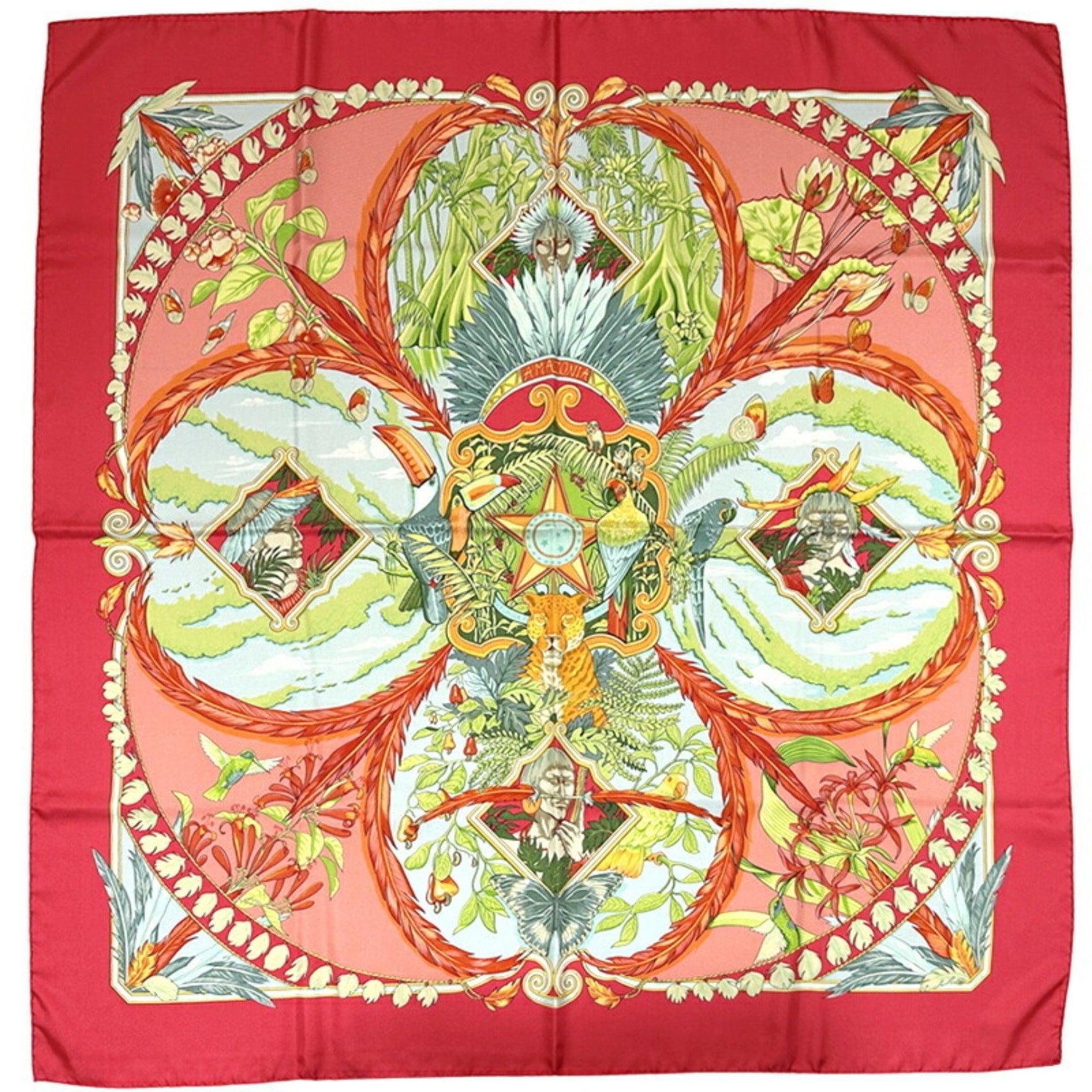 Hermes Scarf Muffler Carre 90 AMAZONIA Amazonia Silk Red Multicolor Ethnic Amazon Jungle Animal Plant Nature