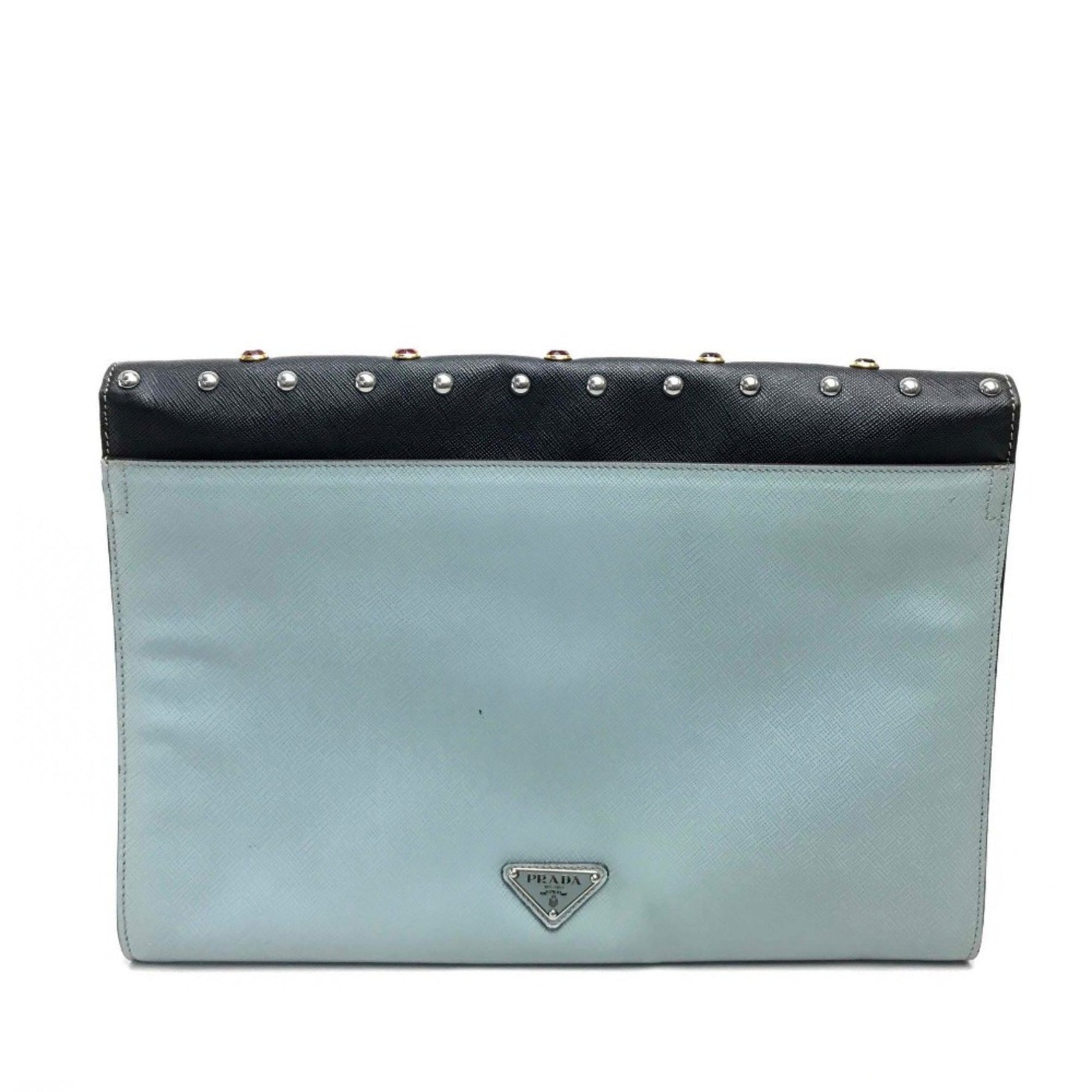 PRADA Saffiano Jewel x Studs Flap Clutch Bag Leather Men's Black