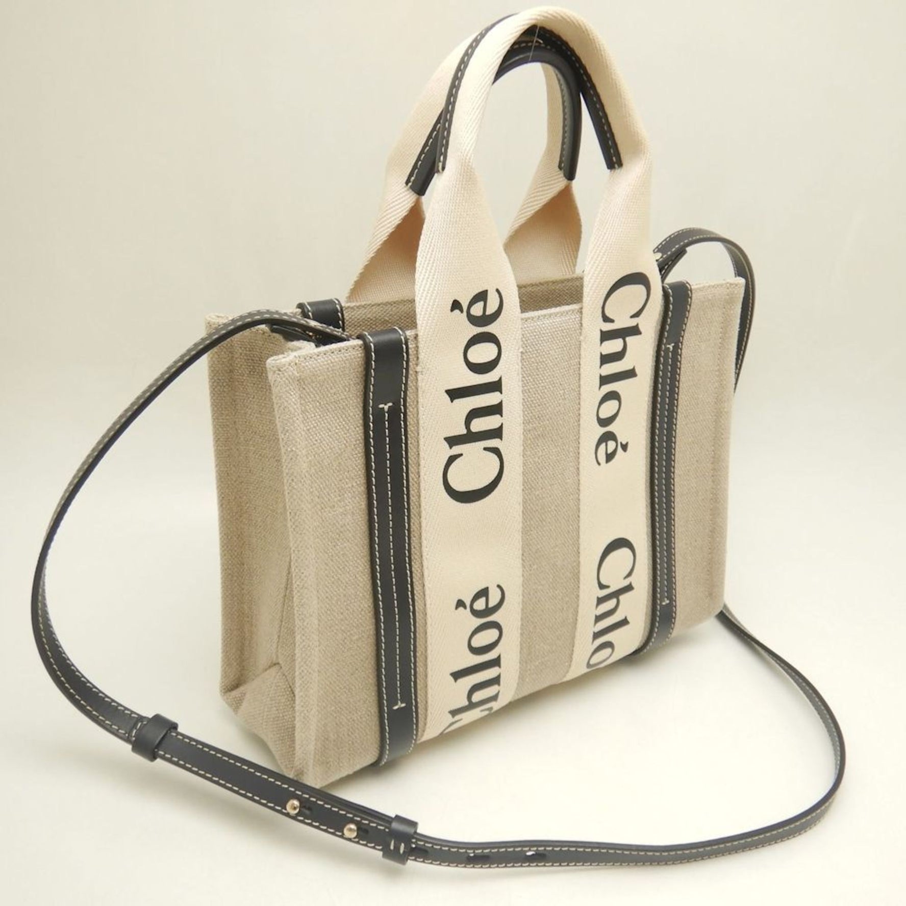 Chloé Chloe Woody Small Tote 01 23 101 65 Bag Linen x Calfskin Beige Navy
