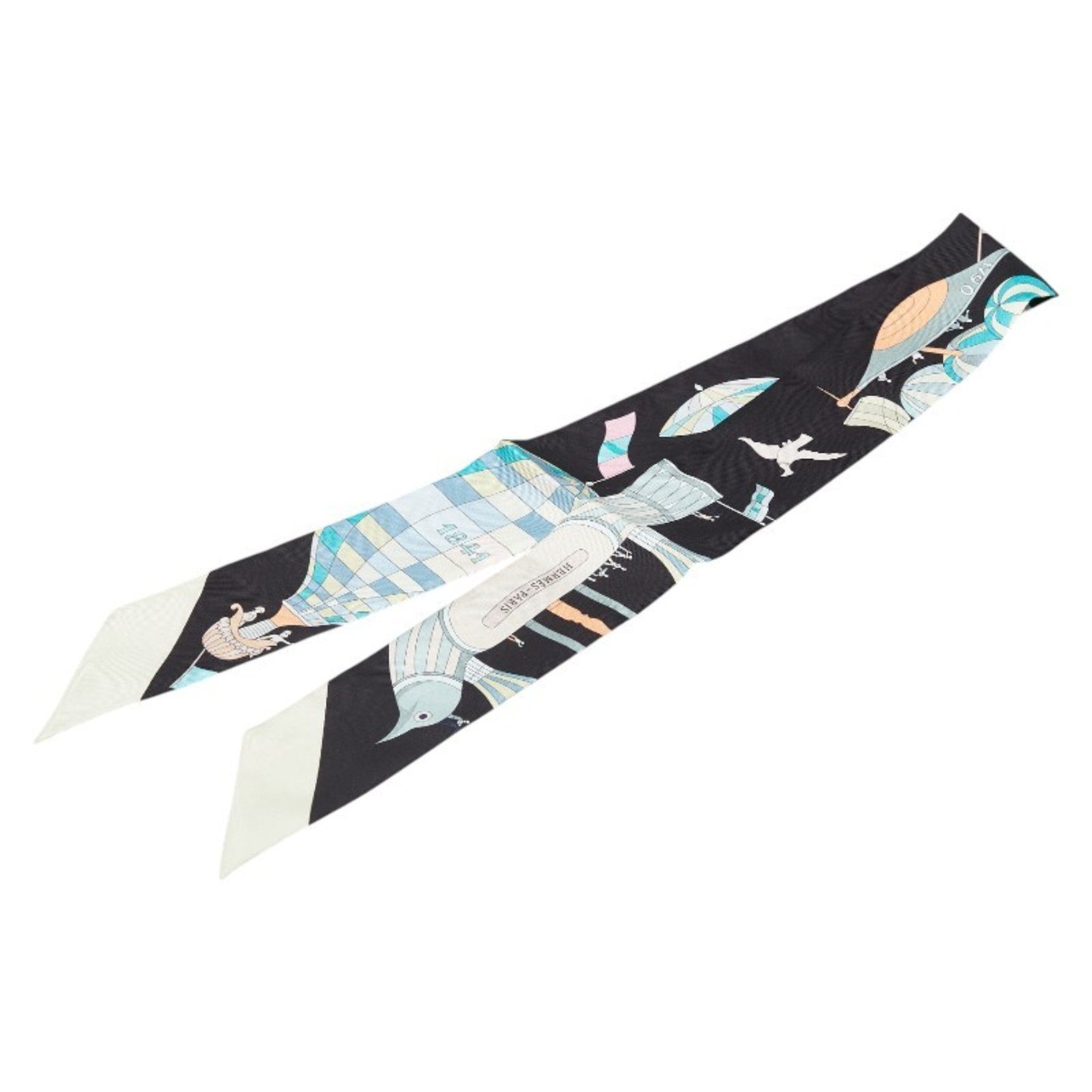 Hermès Twilly "Les Folies Du Ciel" Scarf, Black, Beige, Multicolor, Silk, HERMES