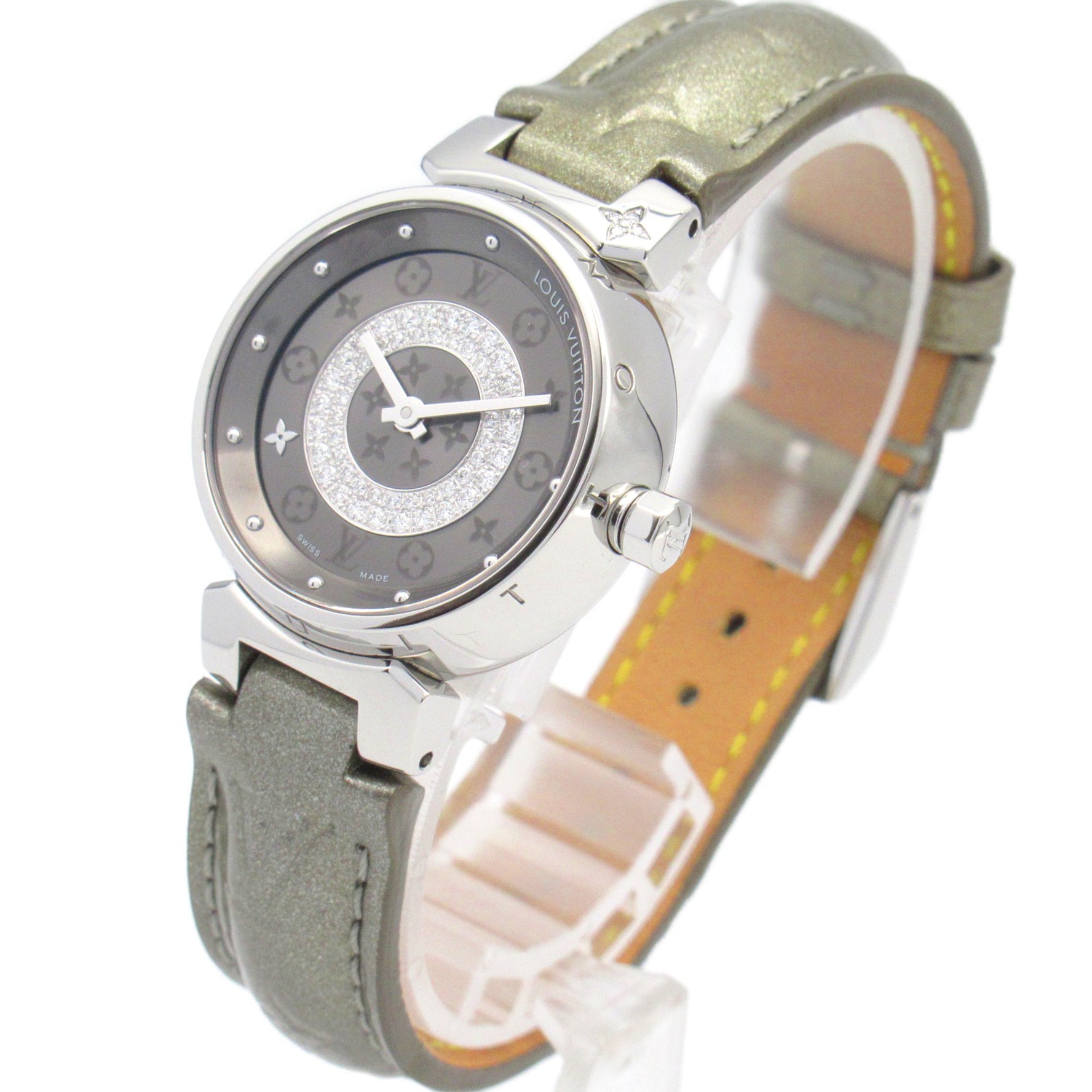 Louis Vuitton Tambour Disc PM Watch, Stainless Steel with Leather Strap, Gray