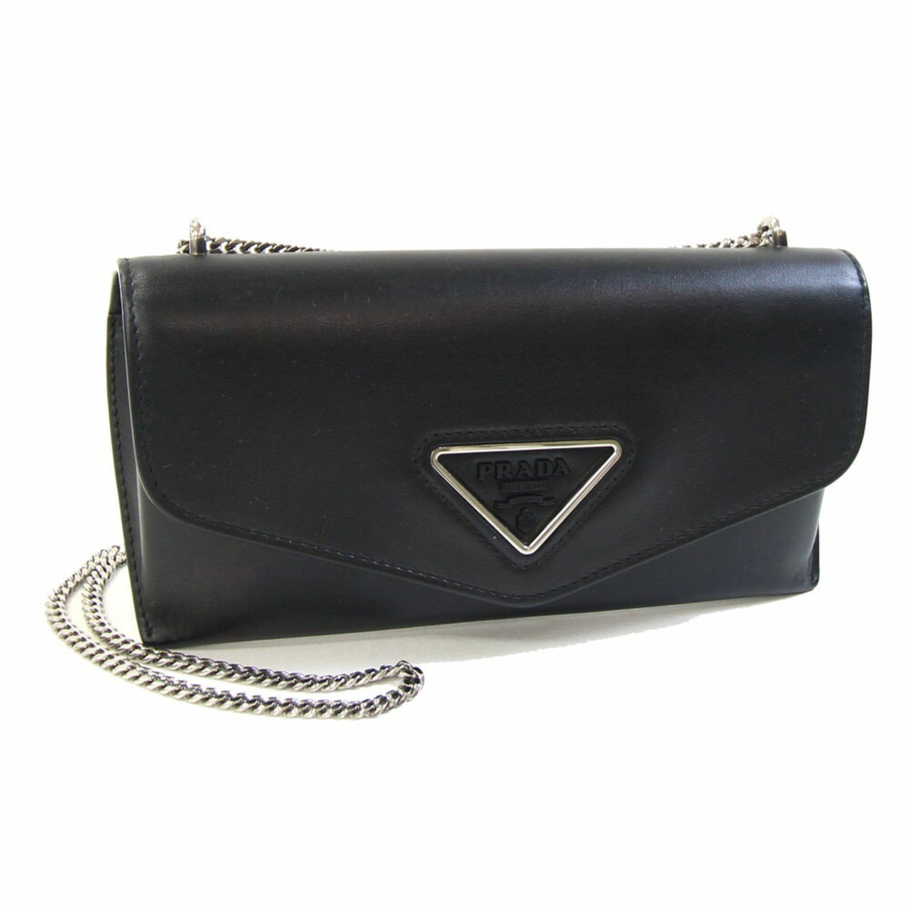 Prada Shoulder Bag Black Leather Chain Triangle