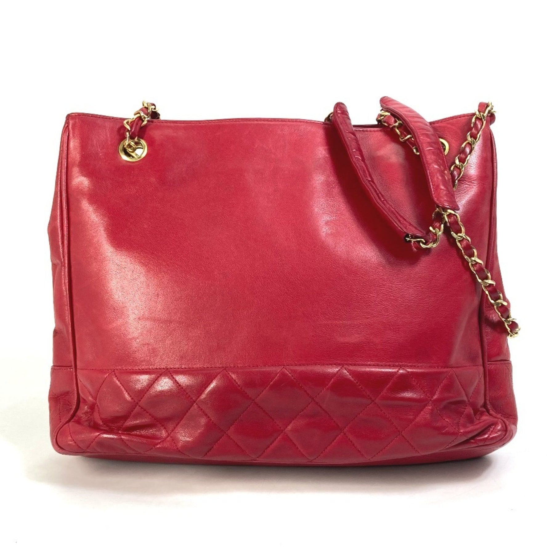 CHANEL Vintage Quilted Matelasse Double Chain Shoulder Bag in Leather, Red