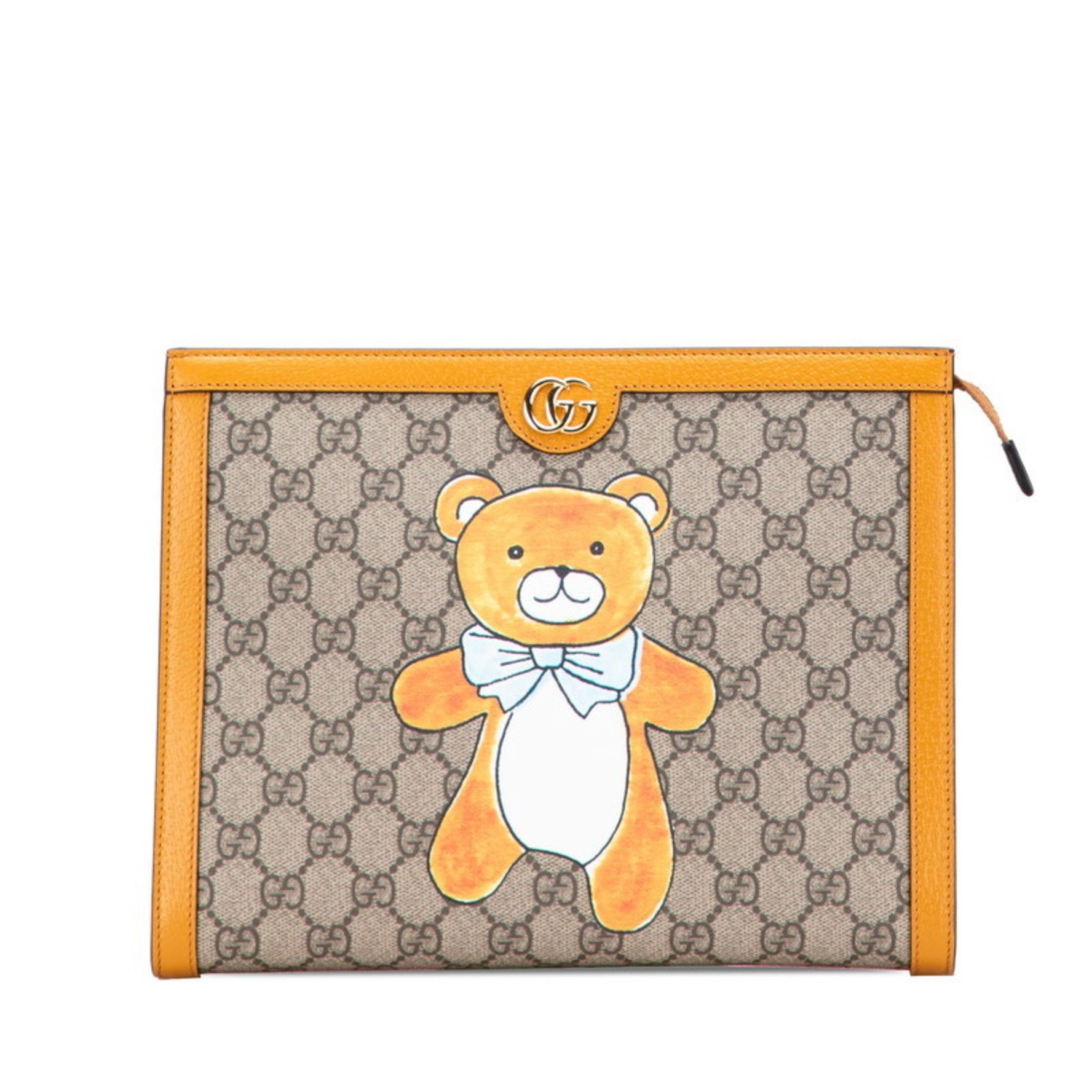 Gucci x EXO KAI GG Supreme Teddy Bear Clutch Bag Beige Orange Leather