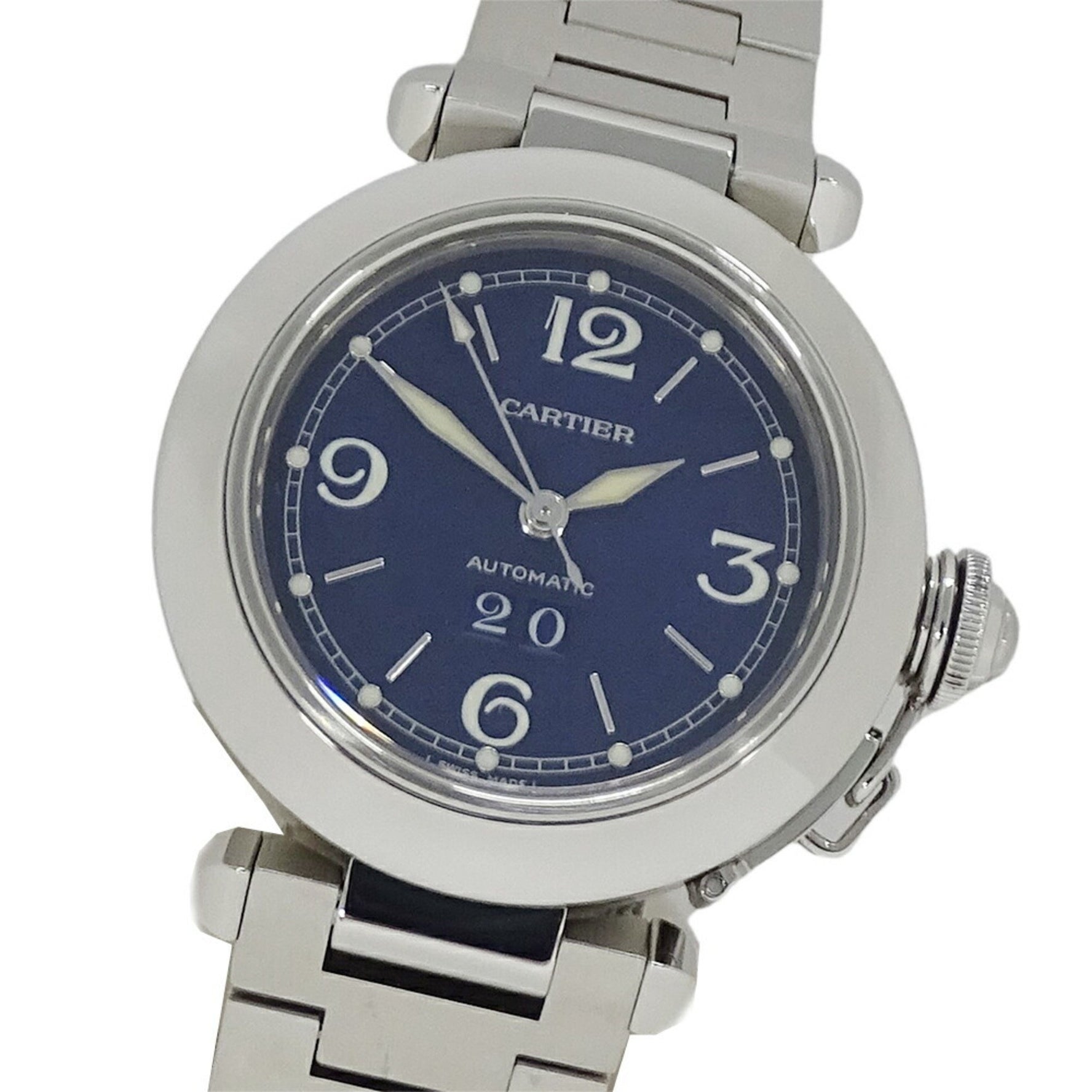 Cartier Pasha C Boys' Watch, Big Date, Automatic, Stainless Steel, W31047M7, Silver and Navy, Round, Polished