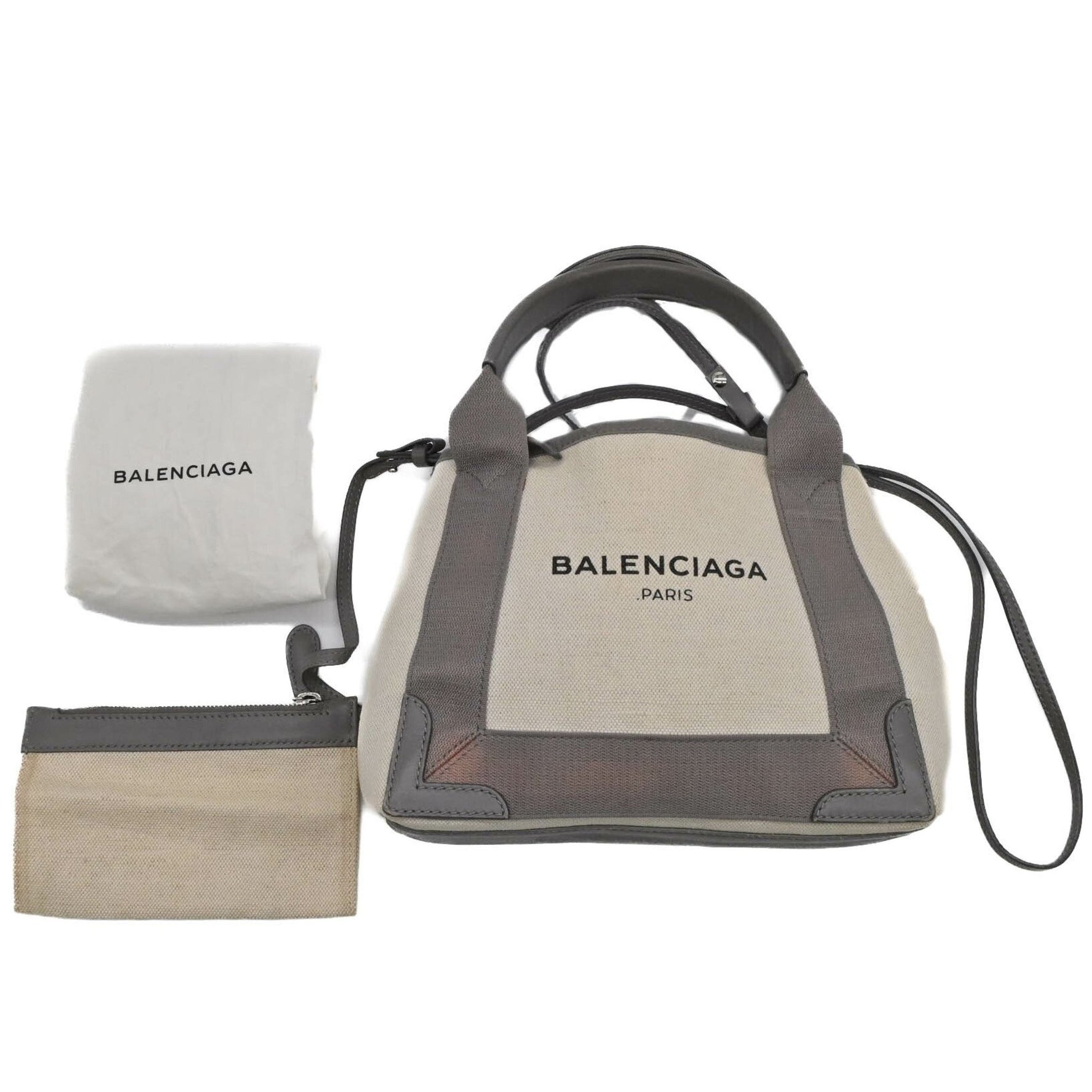 BALENCIAGA Navy Cabas XS Tote Bag Leather Canvas Beige Grey