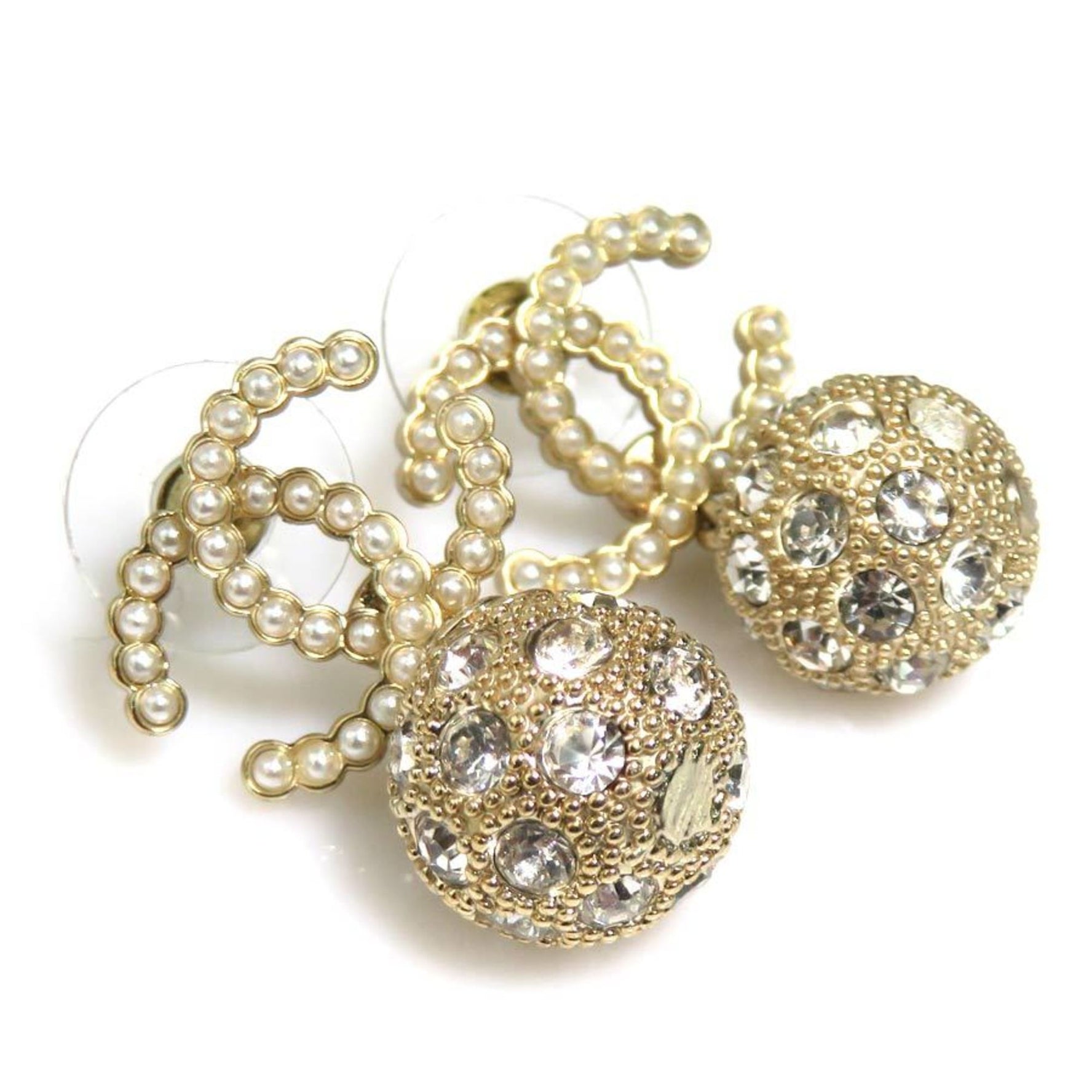 CHANEL Metal Faux Pearl Earrings in Gold and White