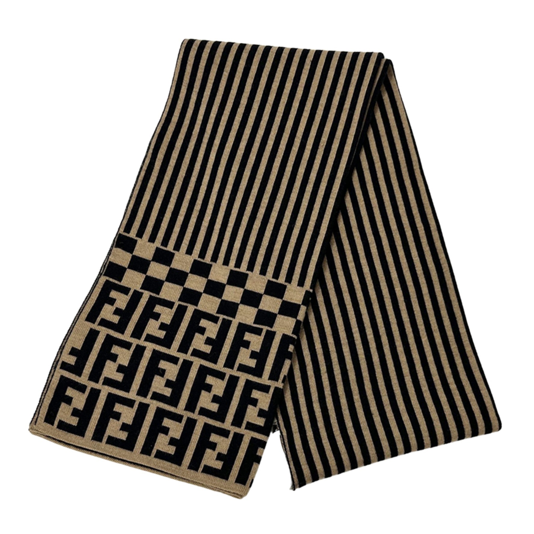 Fendi scarf and men, brand Zucca stole, wool, brown, black, logo, stripes