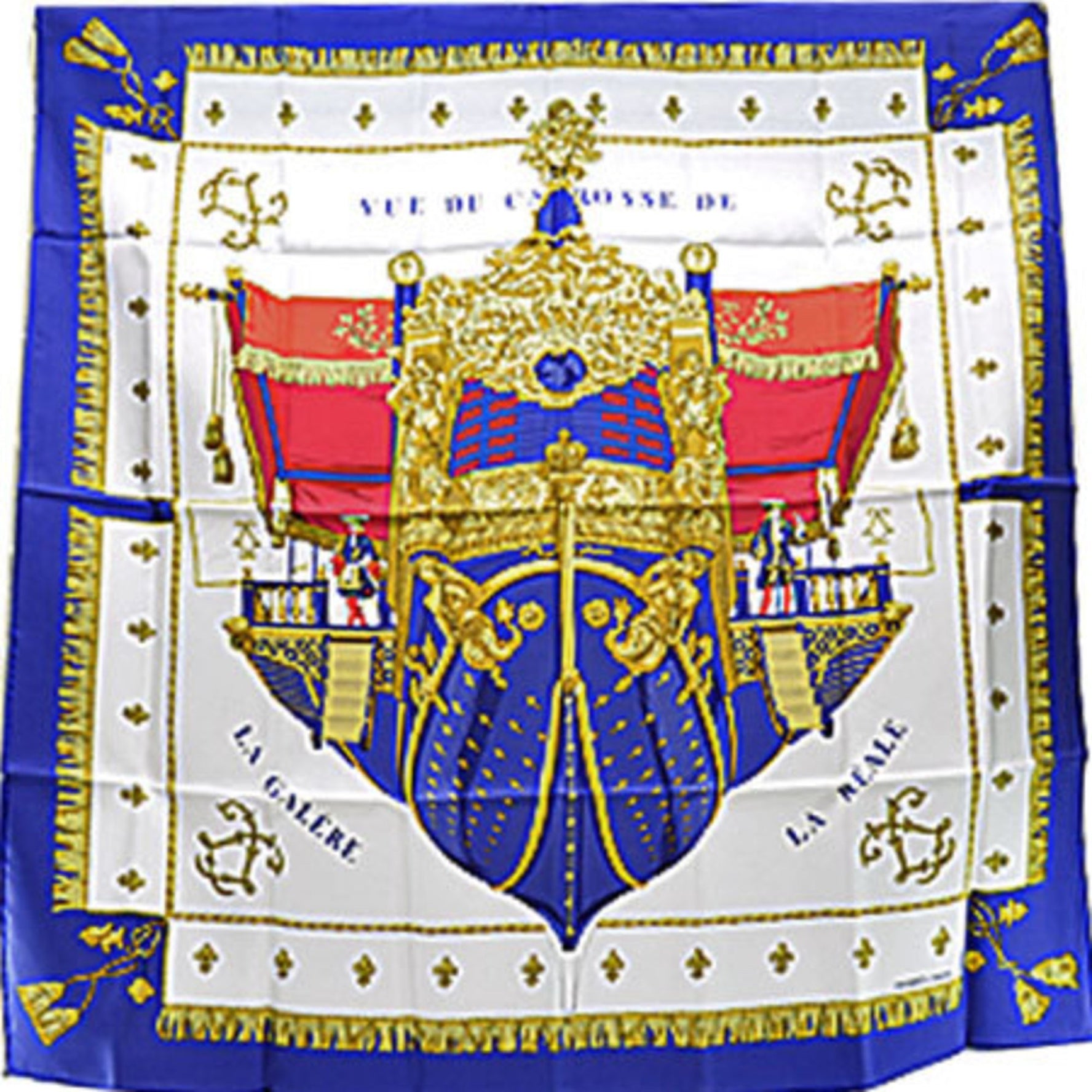 Hermes Scarf Carre 90 VUEDU CAROSSE DE LA GALERE REALE Queen Coronation Silk Navy x White Multicolor