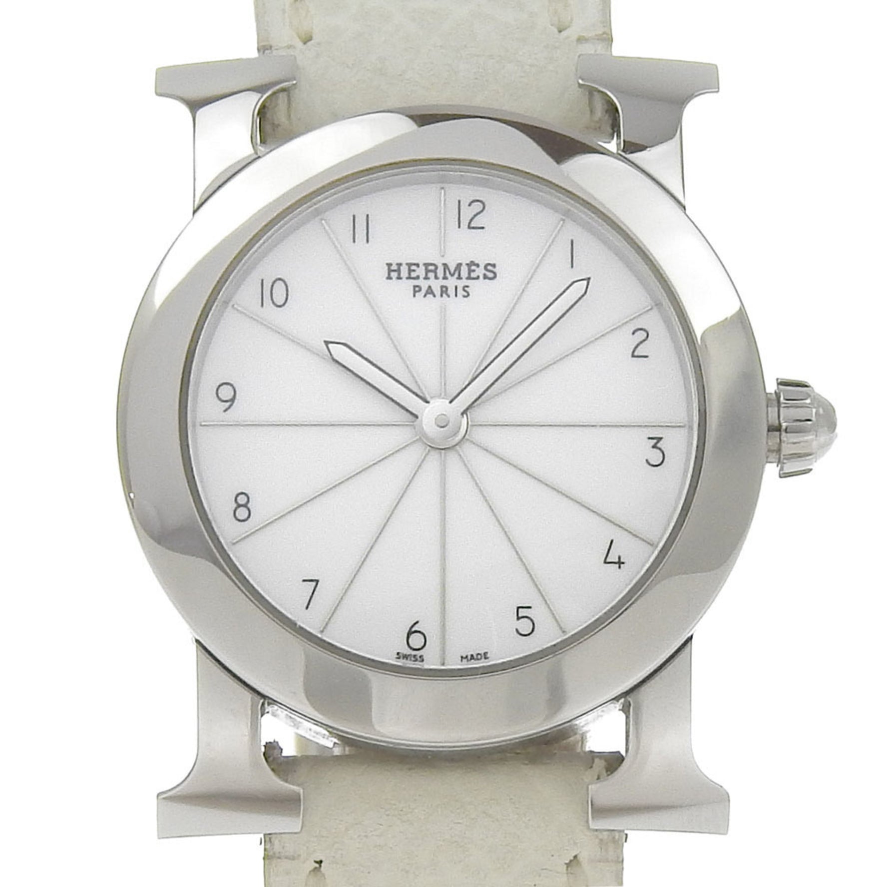Hermes H Watch Rondo Wristwatch Stainless steel x embossed leather 2006 □J Quartz Analog display White dial Heure watch Ladies