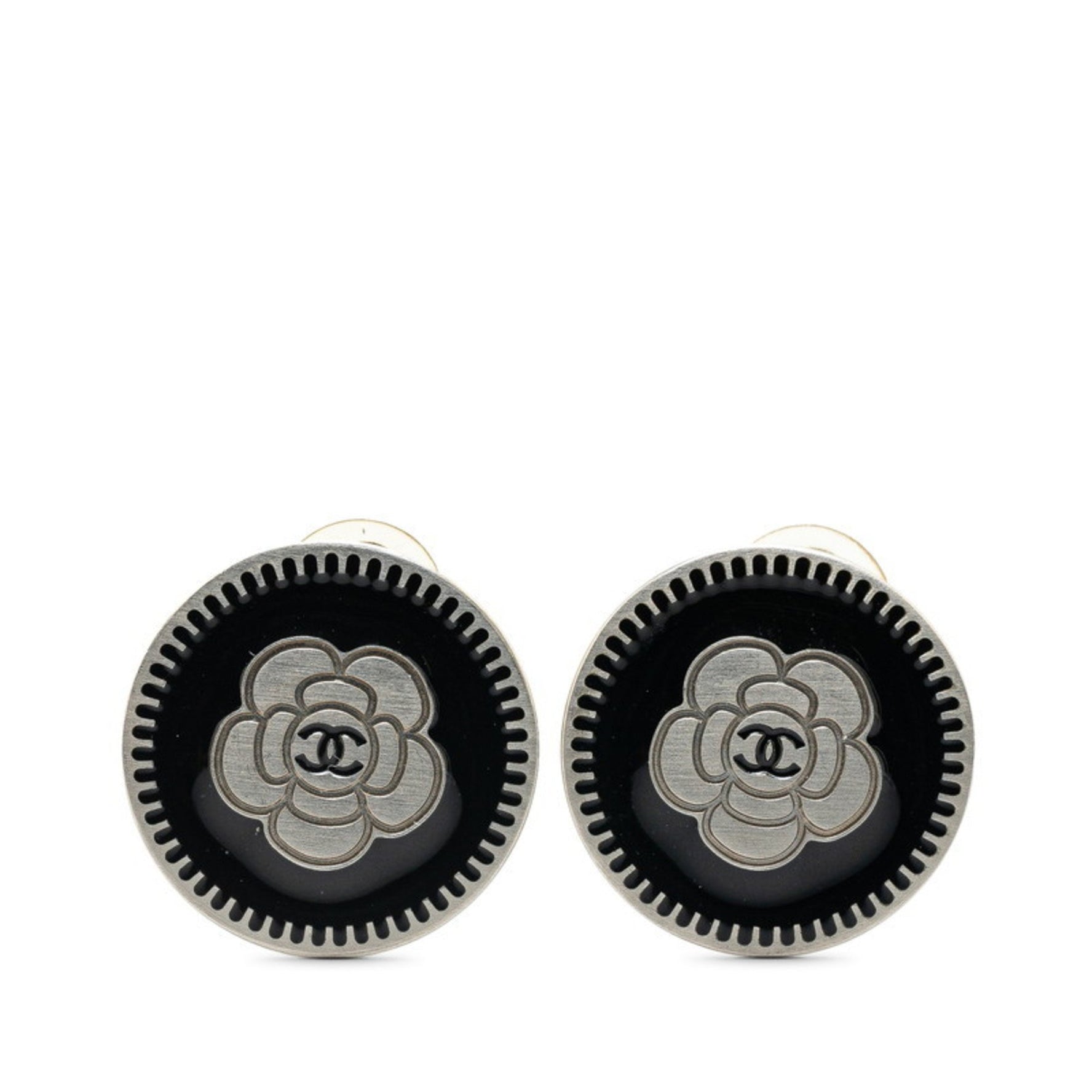 Chanel Coco Mark Camellia Earrings Silver Black Metal