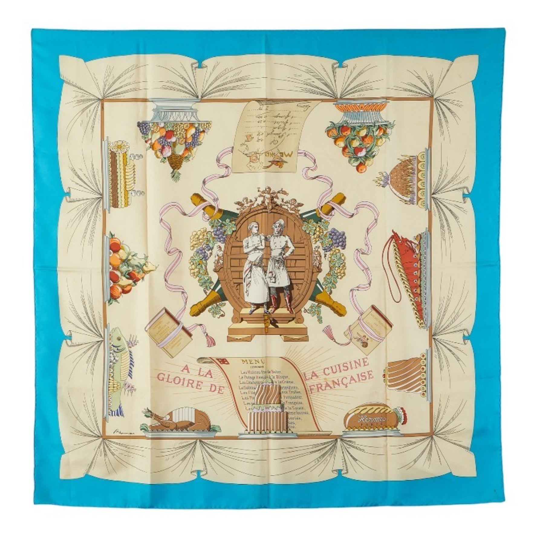 Hermes Hermès Carré 90 "A LA GLOIRE DE CUISINE FRANCAISE" Scarf Celebrating French Cuisine, Blue, Beige, Multicolor Silk
