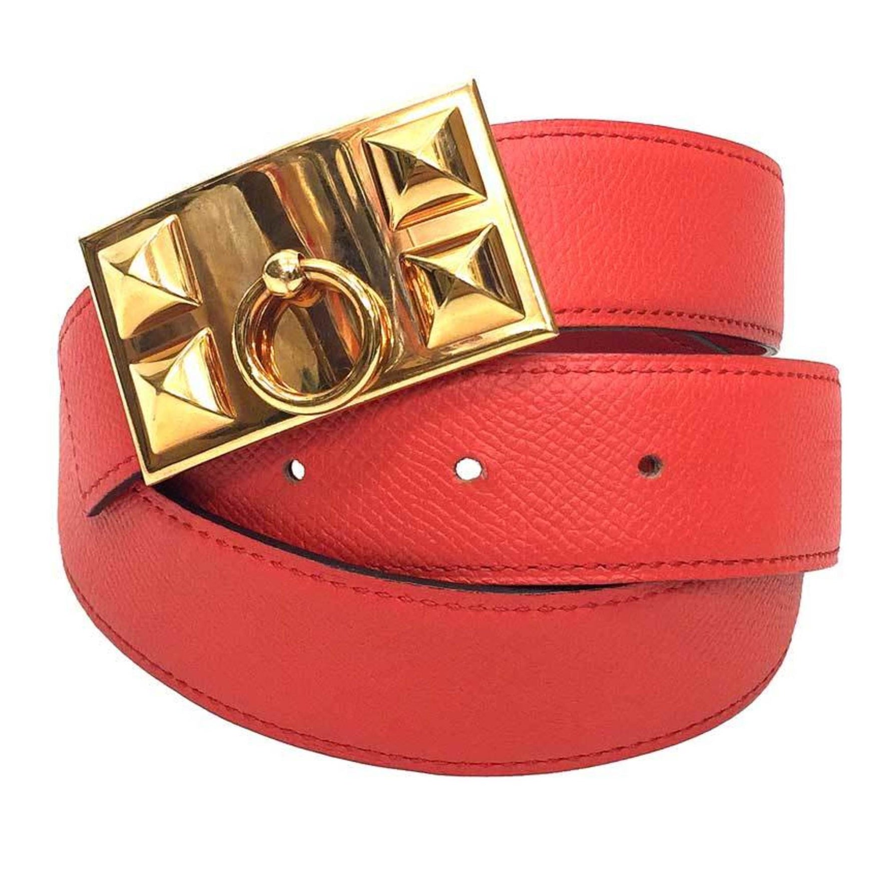 Hermes Leather Belt Medor Collier de Chien Reversible Size 80 Coral x Red T Mark Box Calf Epsom
