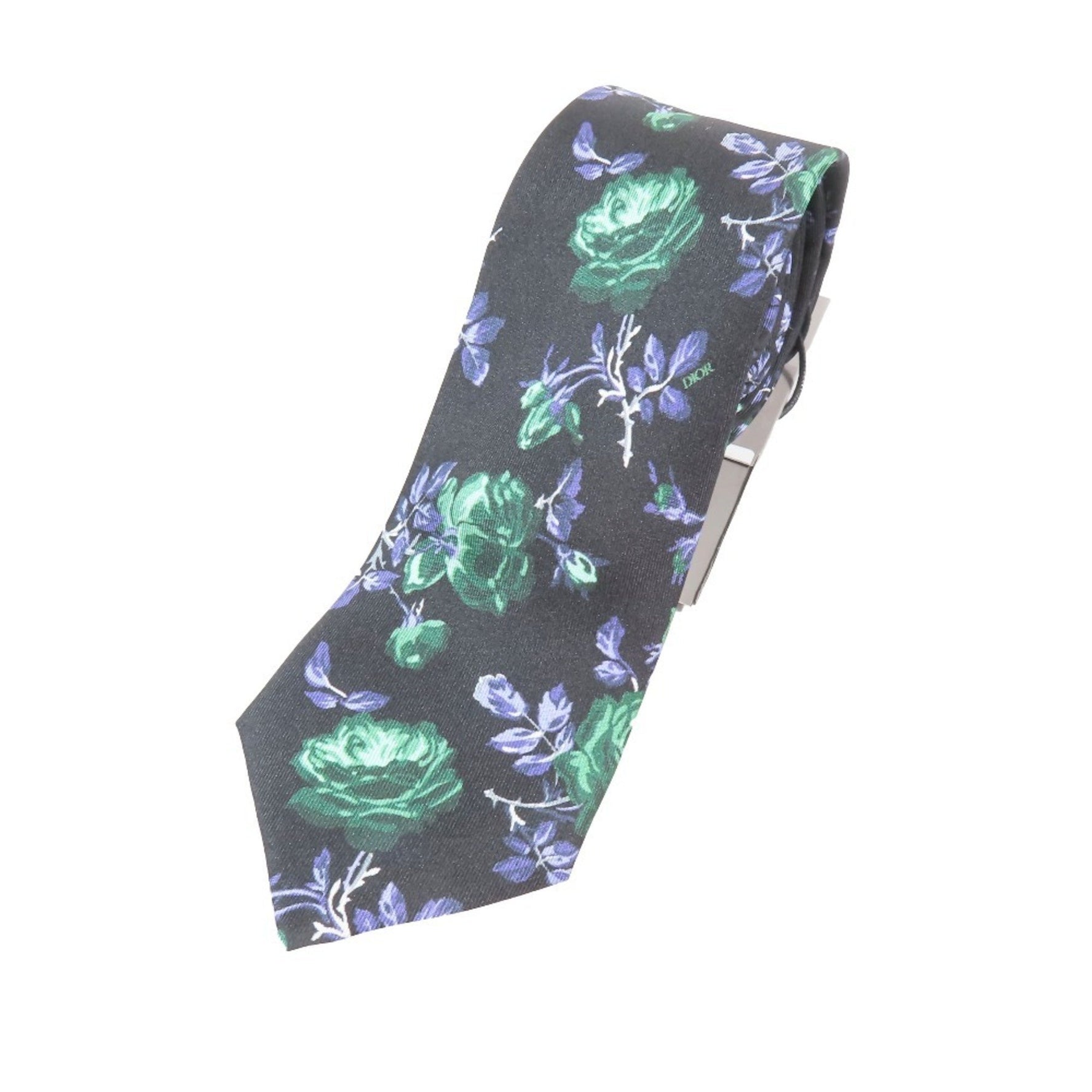 Christian Dior DIOR Jardin Narrow Tie Rose Logo Floral All-over Pattern Silk Black Blue Green