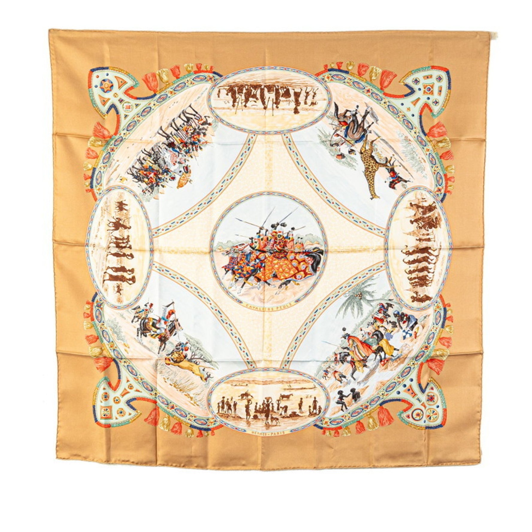 Hermes Carre 90 CAVALIERS PEULS Pool tribe riders scarf muffler brown multicolor silk