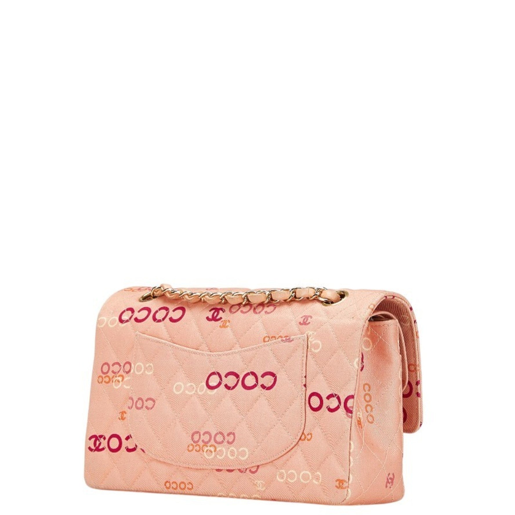 Chanel Coco Mark COCO Print Double Flap Chain Shoulder Bag Salmon Pink Multicolor Canvas