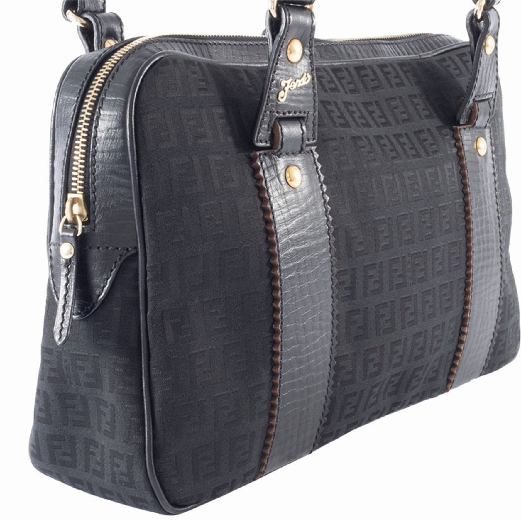 FENDI Zucca Canvas Handbag Leather Boston Zucchino