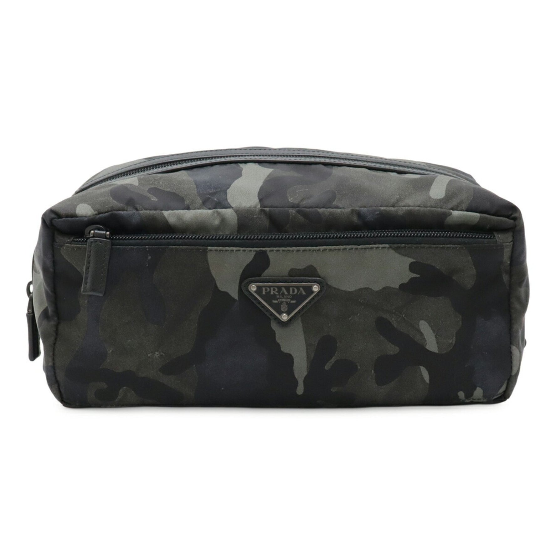 PRADA Multi-Pouch Travel Pouch, Nylon and Leather, Camouflage Pattern, Green Multicolor
