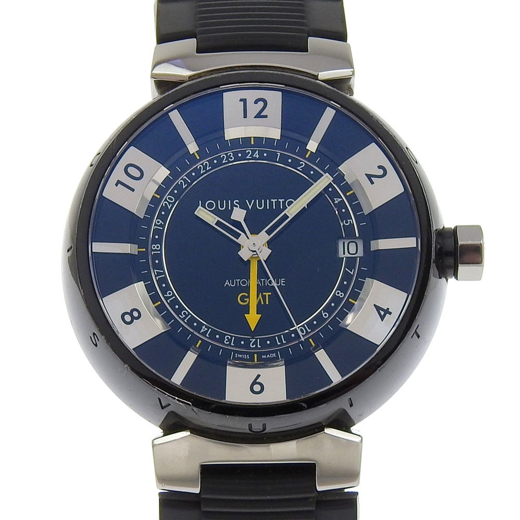 Louis Vuitton Tambour GMT Watch Stainless Steel x Rubber Automatic Black Dial
