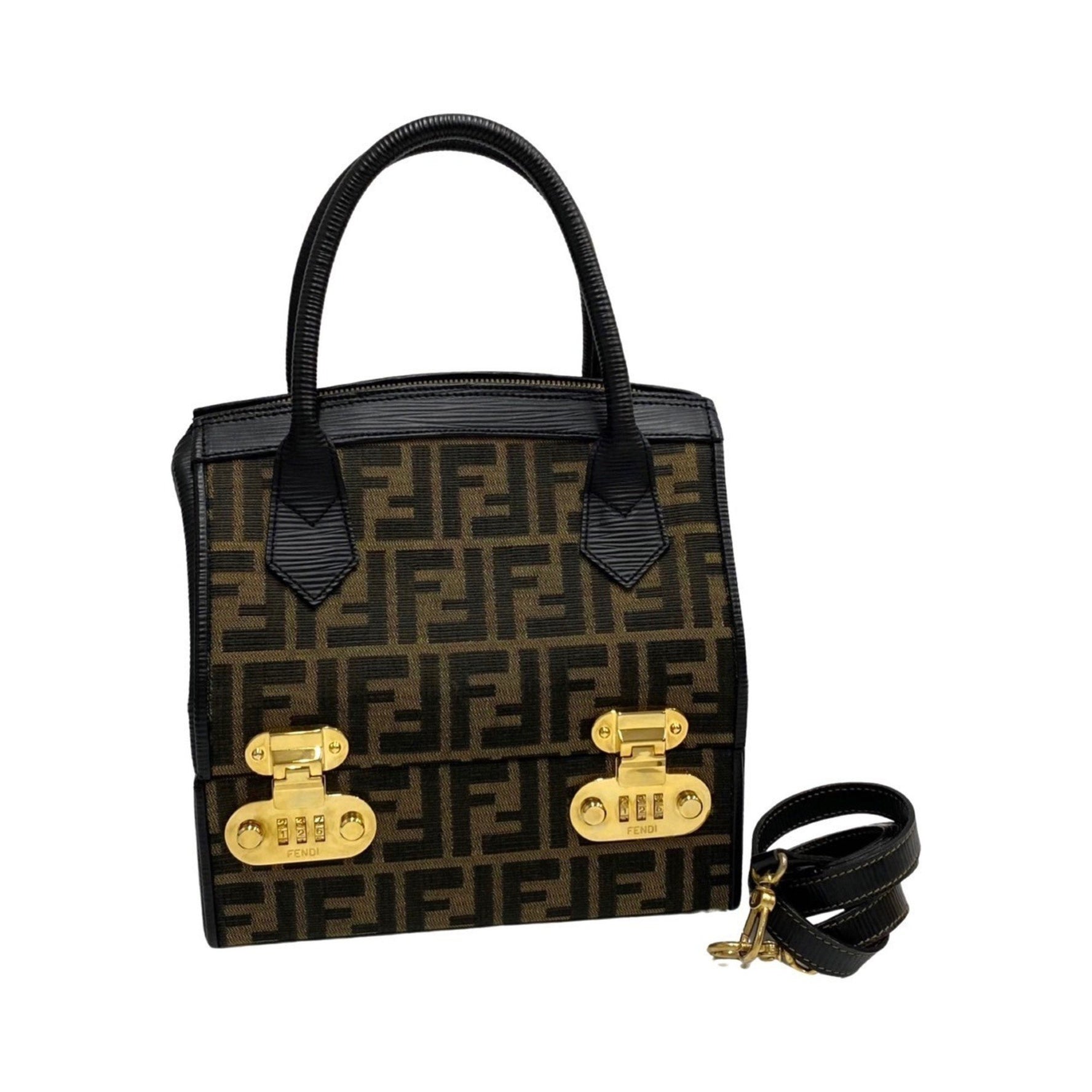 FENDI Zucca FF Logo Leather Genuine Canvas Handbag Makeup Pouch Shoulder Bag Black