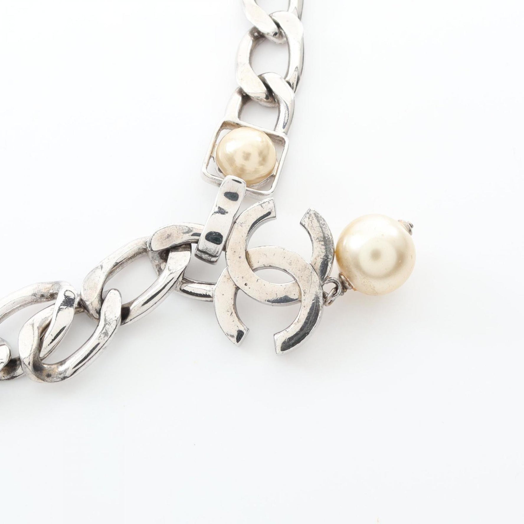 Chanel Coco Mark Metal Belt with Faux Pearls, Silver and White