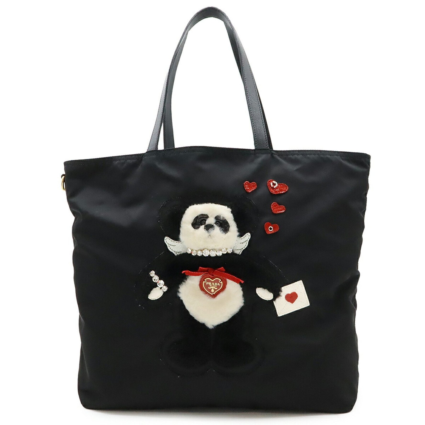 PRADA Panda Heart Tote Bag Large Shoulder Nylon Leather NERO Black Valentine's Day Limited Edition