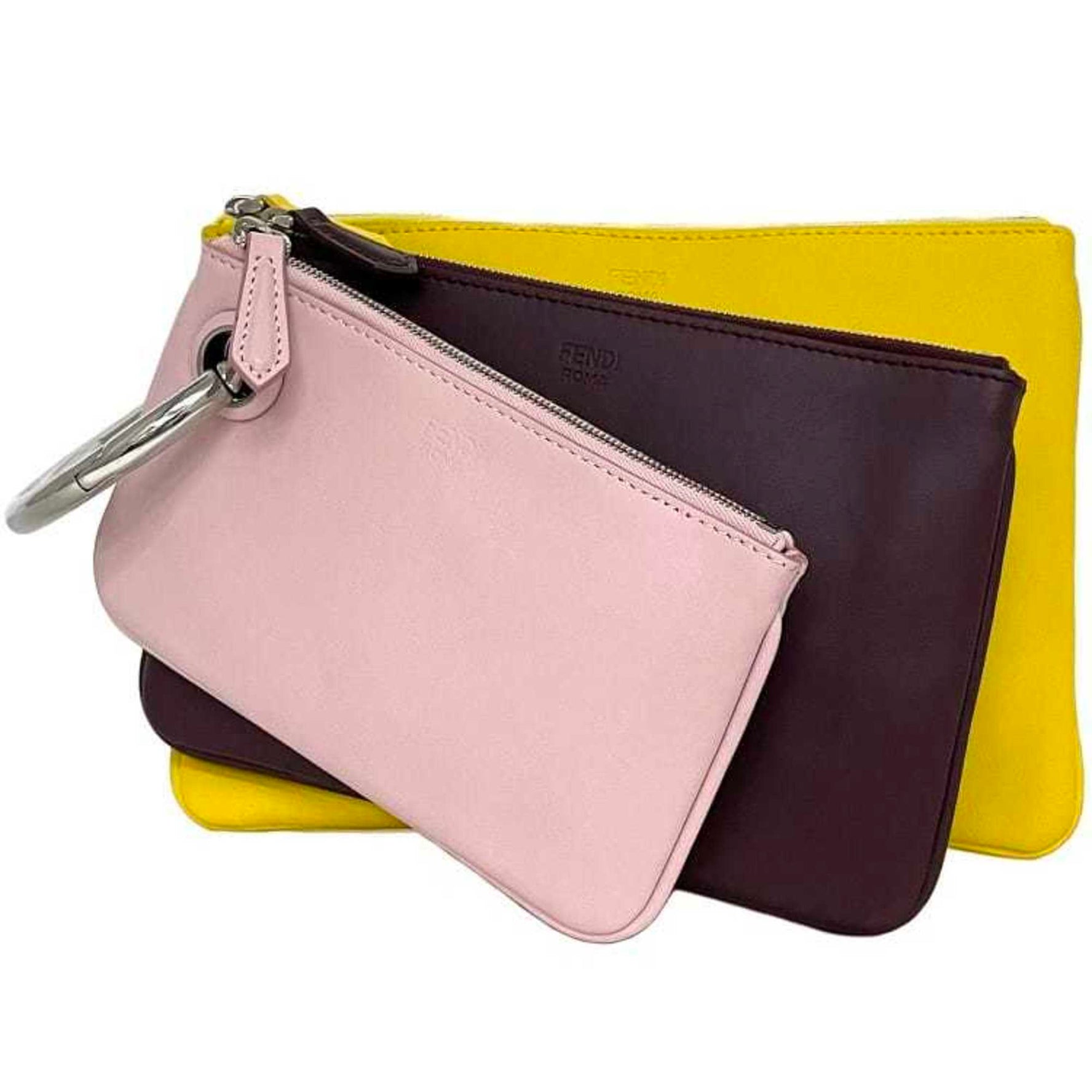 FENDI Clutch Bag Triplet Pouch Pink Bordeaux Yellow Handbag Leather F's Compact Ladies