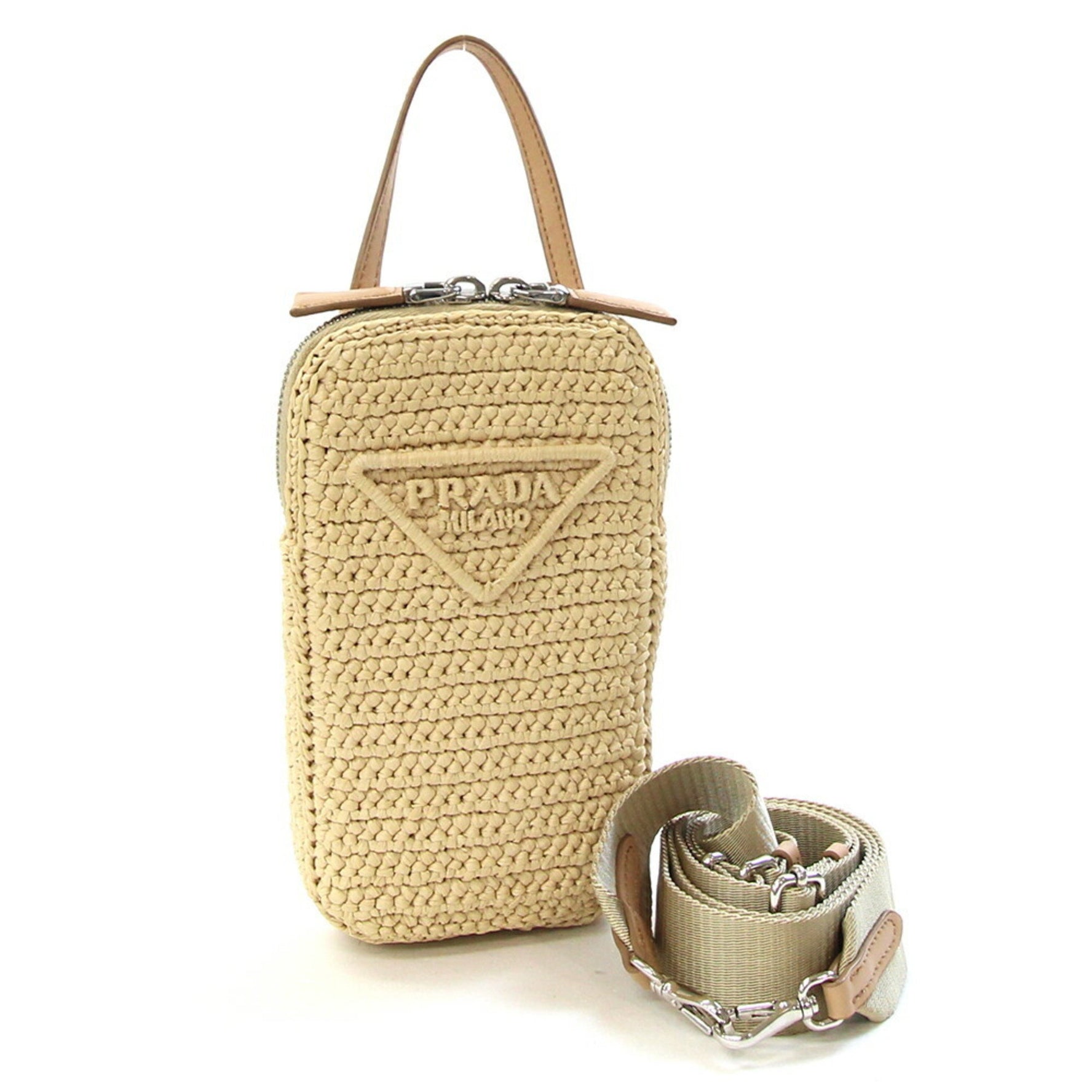Prada Shoulder Bag Natural Raffia Leather Handbag Pochette
