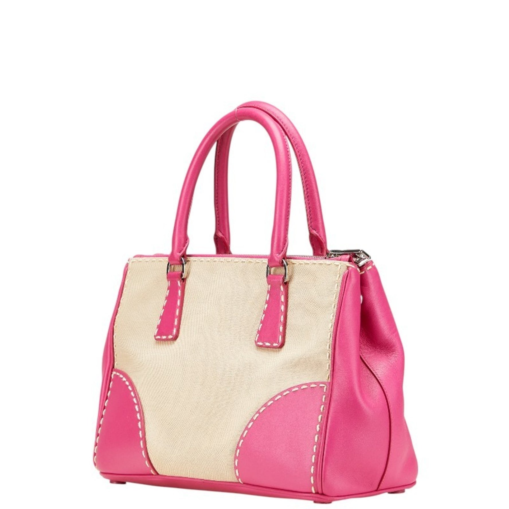 Prada Canapa City Triangle Logo Plate Handbag/Shoulder Bag, Pink/Beige Canvas and Leather