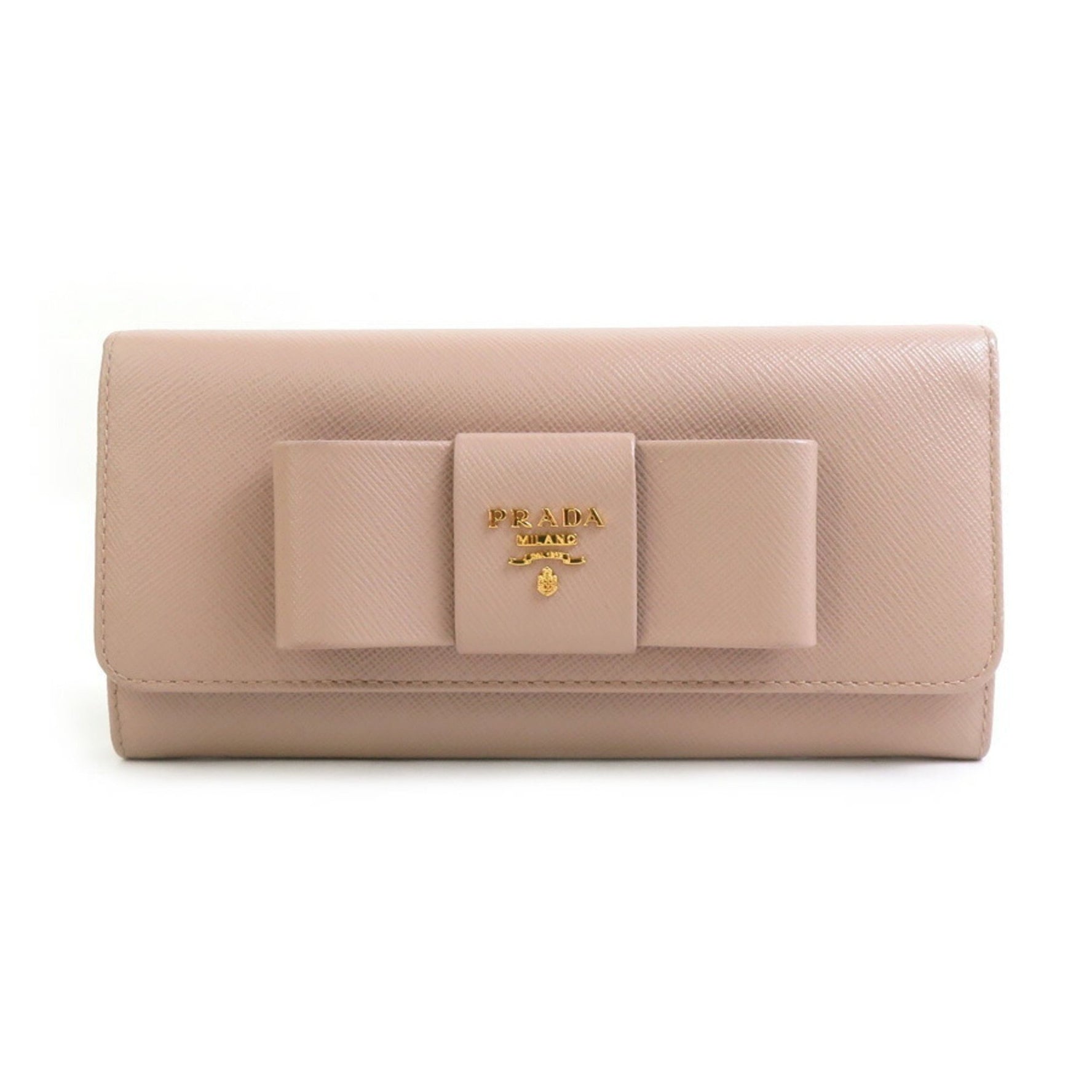 PRADA Bi-fold long wallet in leather, pink beige